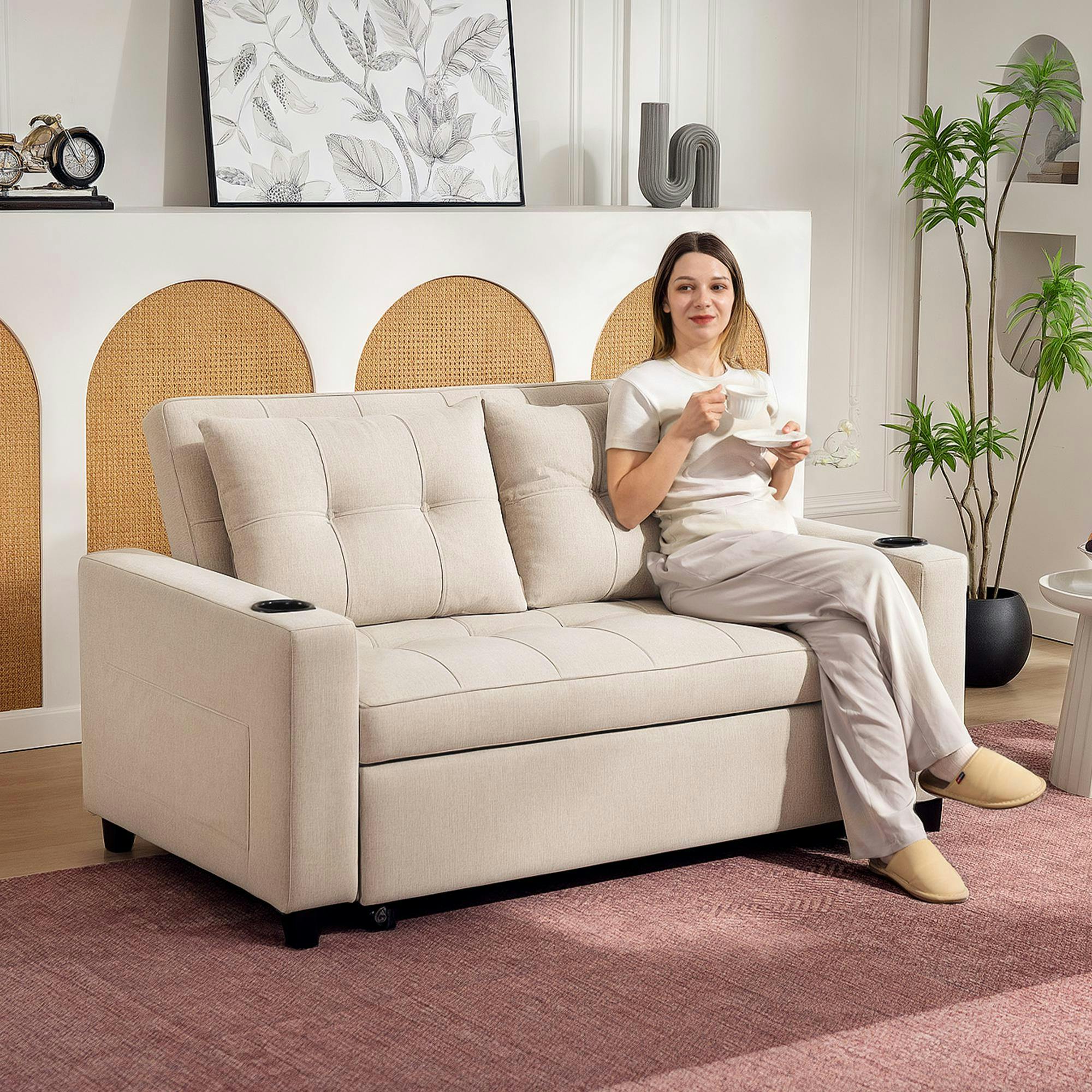 Rackhams Beige 2 Seater Pull Out Sofa Bed With Pockets For Living Room