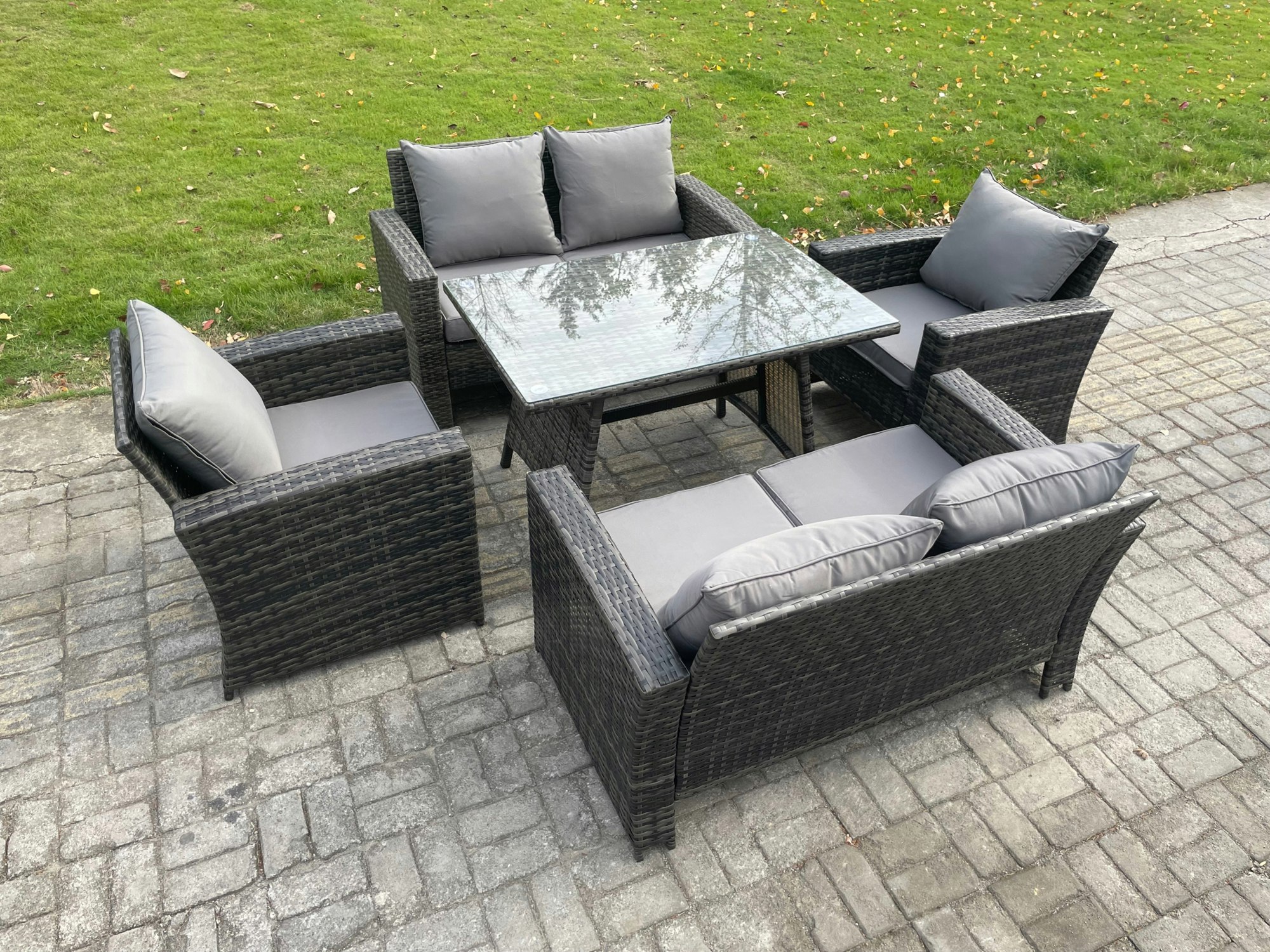 Fimous Dark/Grey Rattan Garden Furniture Set 6 Seater Patio Outdoor Lounge Sofa Set With Rectangular Dining Table Love Seat Sofa Mixed
