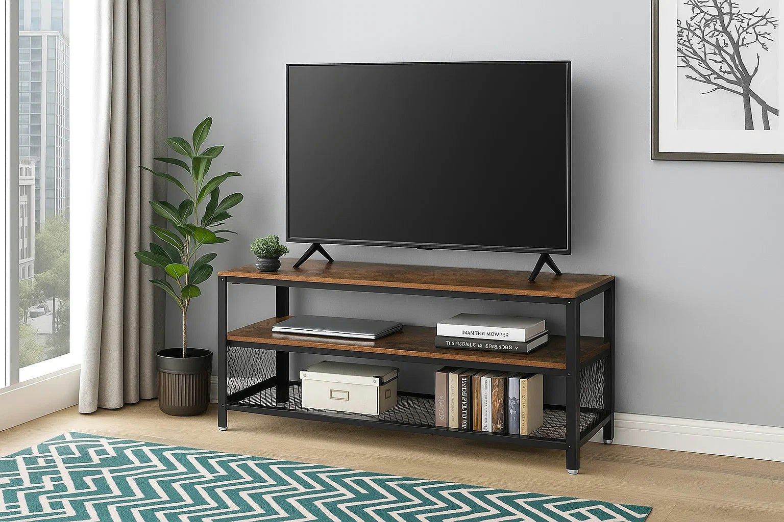 Modcraft Brown Industrial Tv Stand, 140 Cm Console Table With Shelves, Metal Frame, Rustic Wood Finish