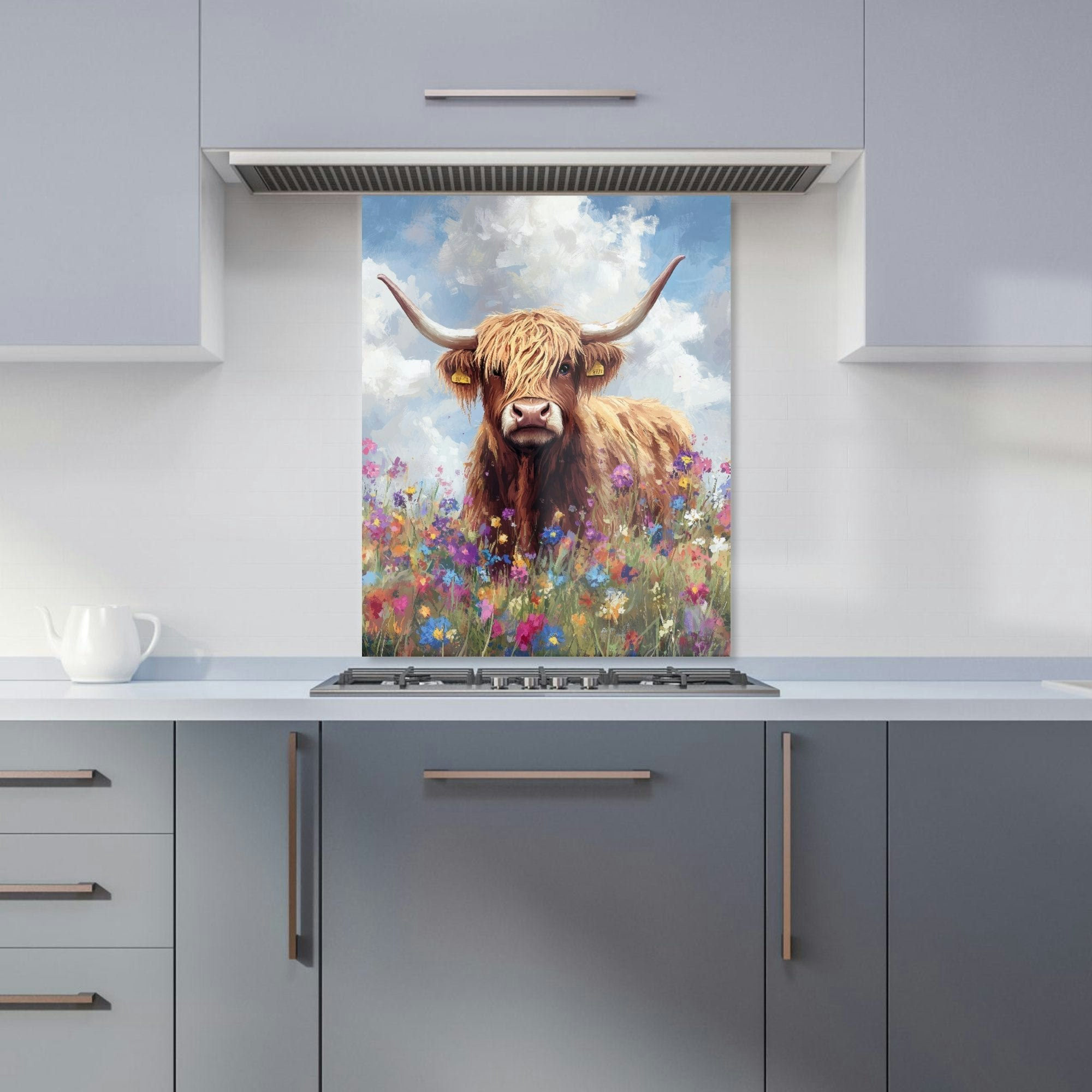 Rackhams - Highland Cow In A Summer Meadow Kitchen Splashback - W600mm X H750mm