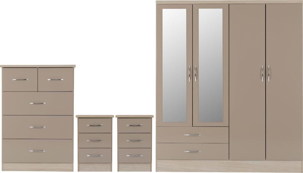 Rackhams Light Nevada 4 Door Wardrobe 4 Piece Bedroom Set - Oyster Gloss And Oak