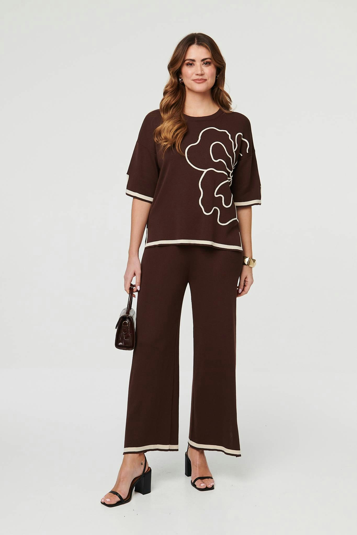 Izabel London Brown Floral Trim Top & Trousers Co-Ord Set - L