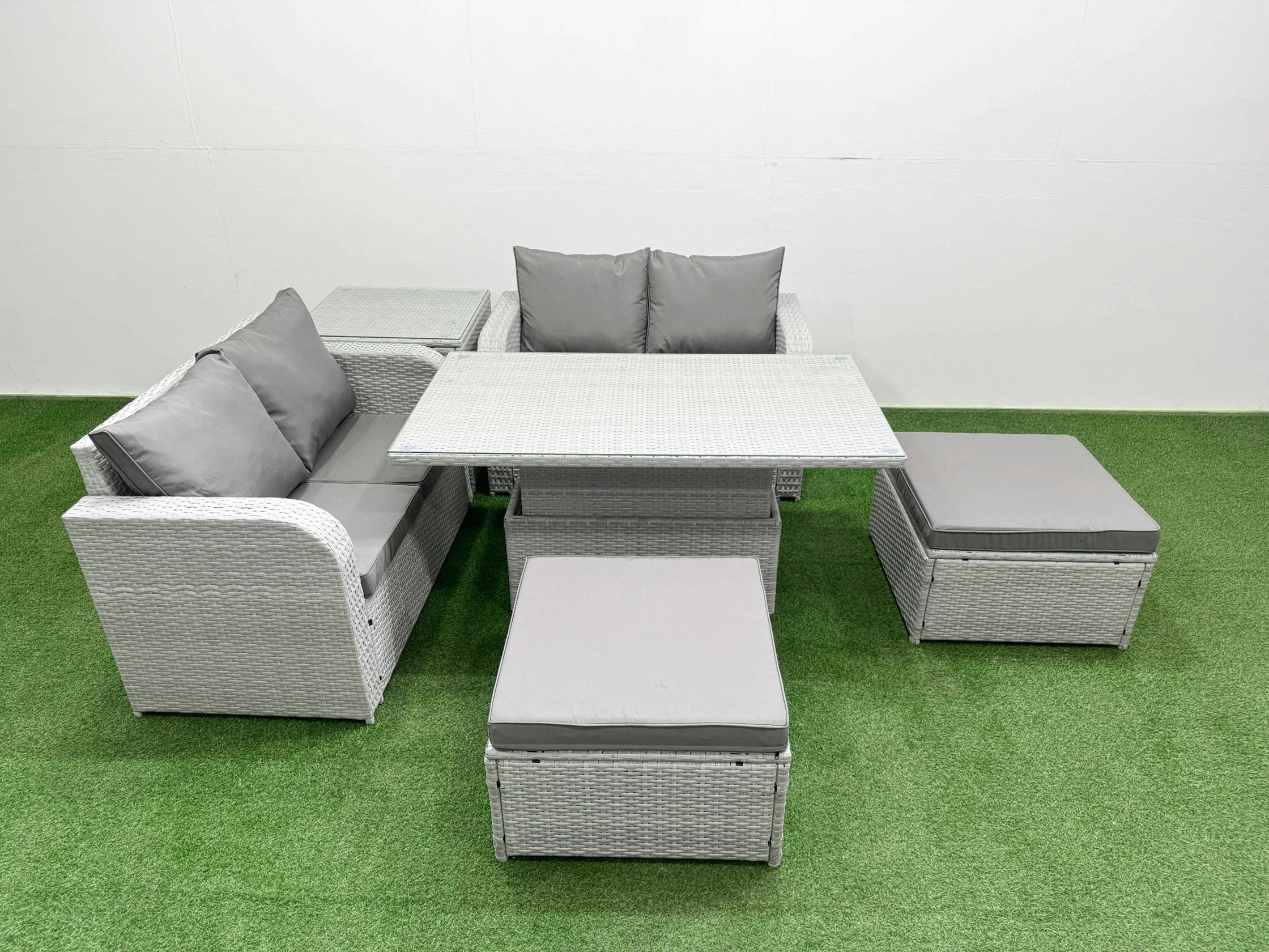 Fimous Light/Grey 6 Seater Outdoor Love Sofa Set Rattan Garden Furniture Set With Adjustable Lifting Dining Or Coffee Table 2 Footstool Side Table