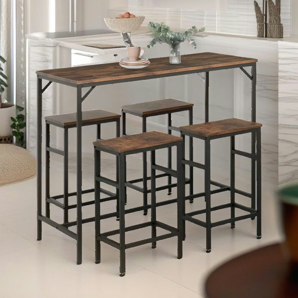 Rafaelo Mobilia Brown Industrial Dining Table And 4 Stools Set Rustic