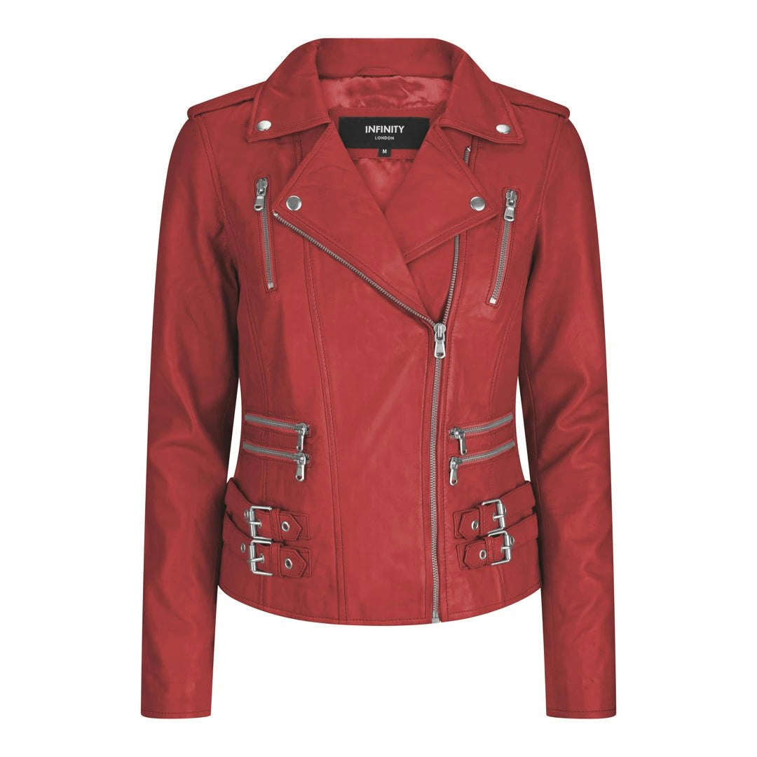 Infinity Leather Women's Red Leather Company Leather Short Biker Jacket - Uk 10