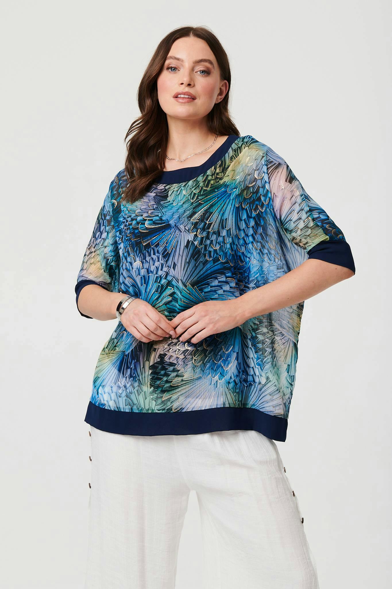 Izabel London Blue Abstract 3/4 Sleeve Relaxed Tunic Top - 12