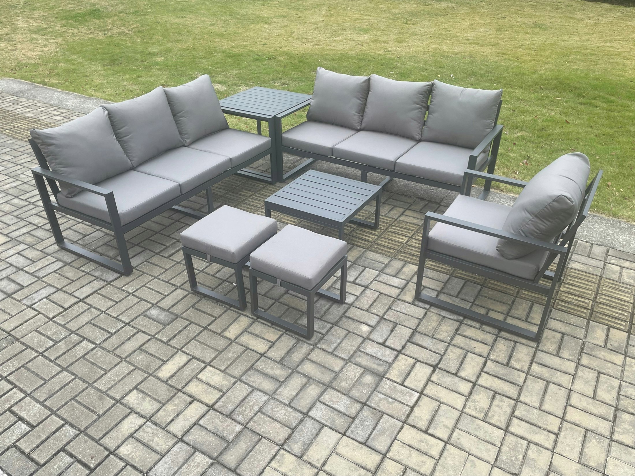 Rackhams Dark/Grey Aluminium 9 Seater Outdoor Garden Furniture Lounge Sofa Set With Square Coffee Table Chair 2 Small Footstools Side Table