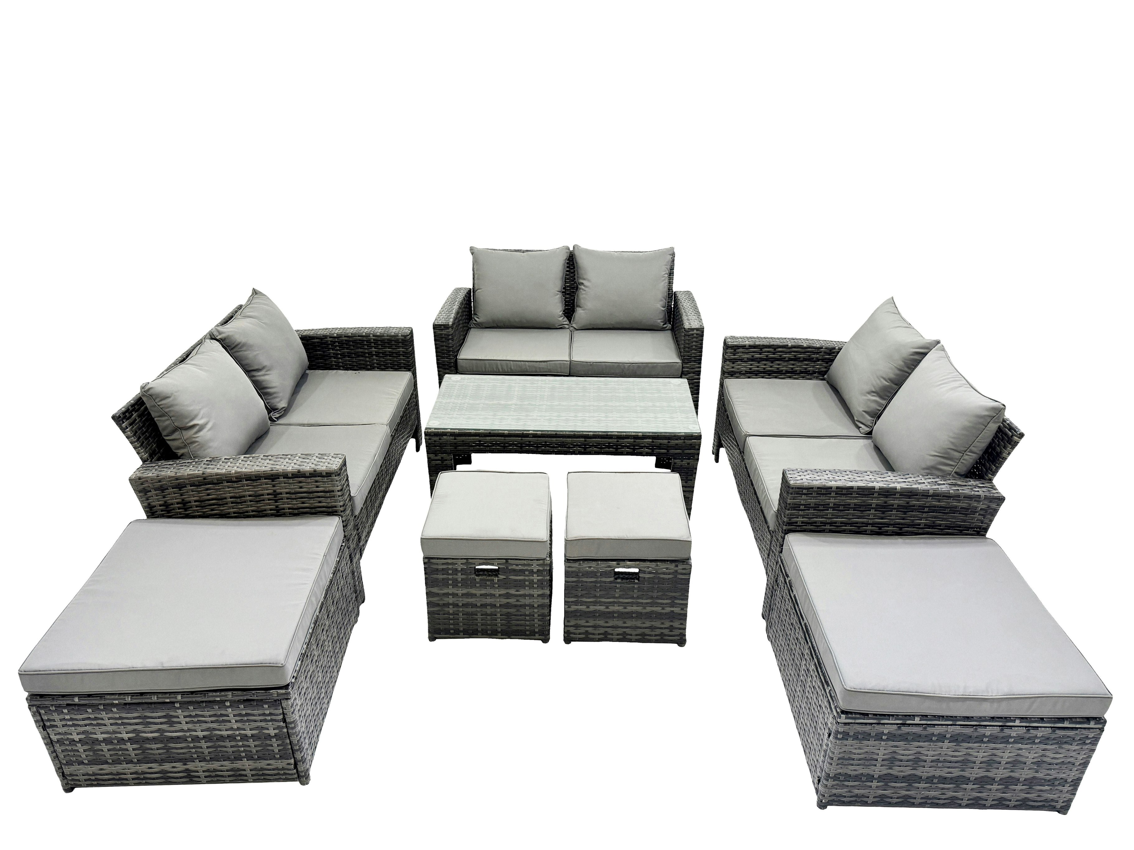 Rackhams Dark/Grey Outdoor Love Sofa Set 10 Seat Rattan Garden Furniture Set With Oblong Coffee Table 4 Stools Mixed