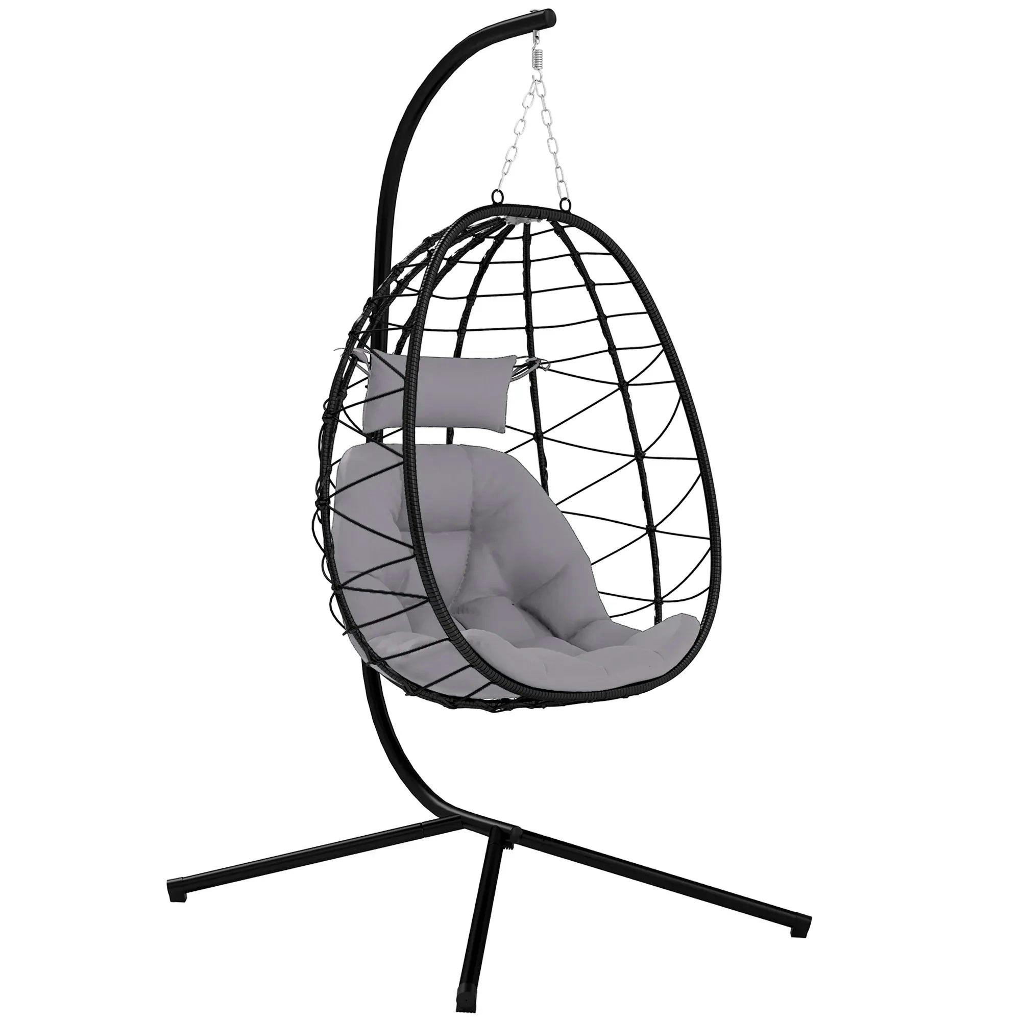 Bobobiy Grey Hanging Egg Chair Outdoor Indoor Garden Swing Chair With Folding Basket, Thickened Cushion, Garden Hanging Chair With Stand, Headrest, - Image 5