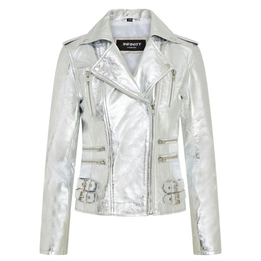 Infinity Leather Women's Silver Leather Company Real Lamb Nappa Leather Vintage Biker Jacket - Uk 18