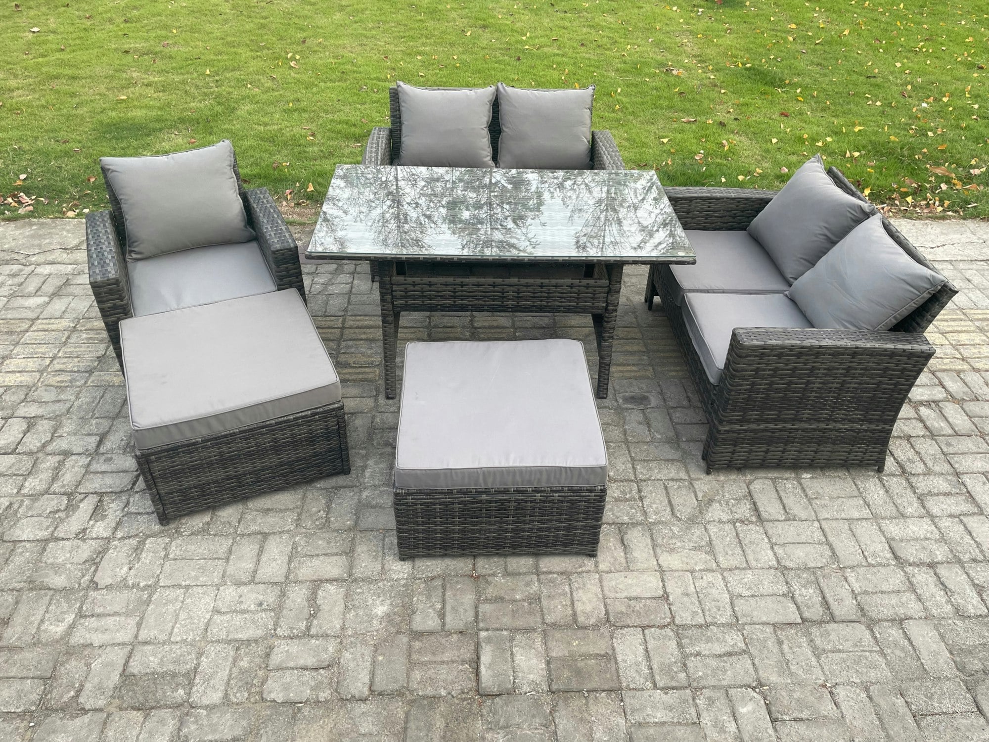 Rackhams Dark/Grey High Back Outdoor Garden Furniture Rattan Sofa Dining Table Set With Armchair 2 Big Footstool Mixed