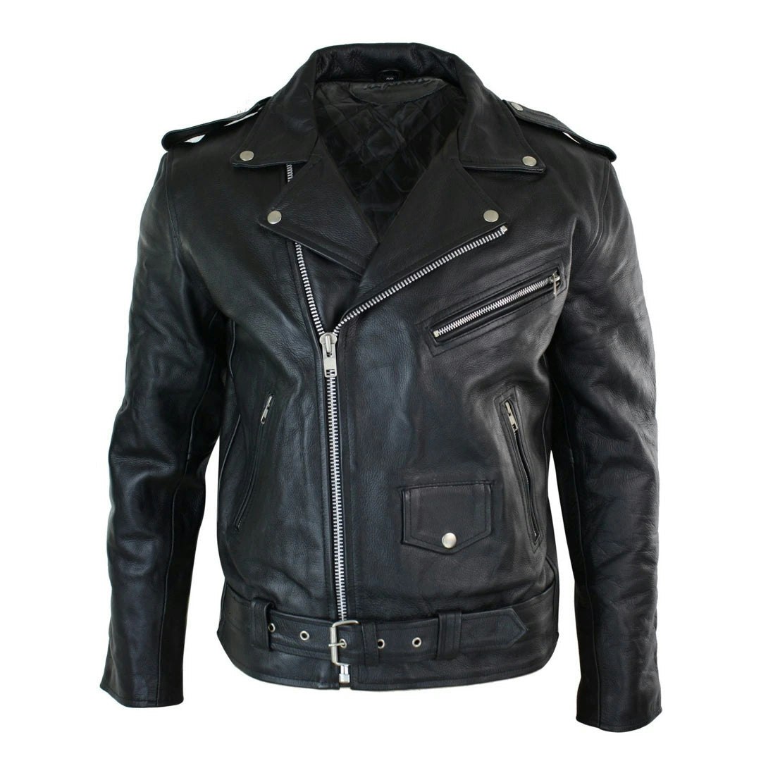 Infinity Leather Men's Black Leather Company Cow Hide Original Cross Zip Brando Biker Motorcycle Leather Jacket - 4XL