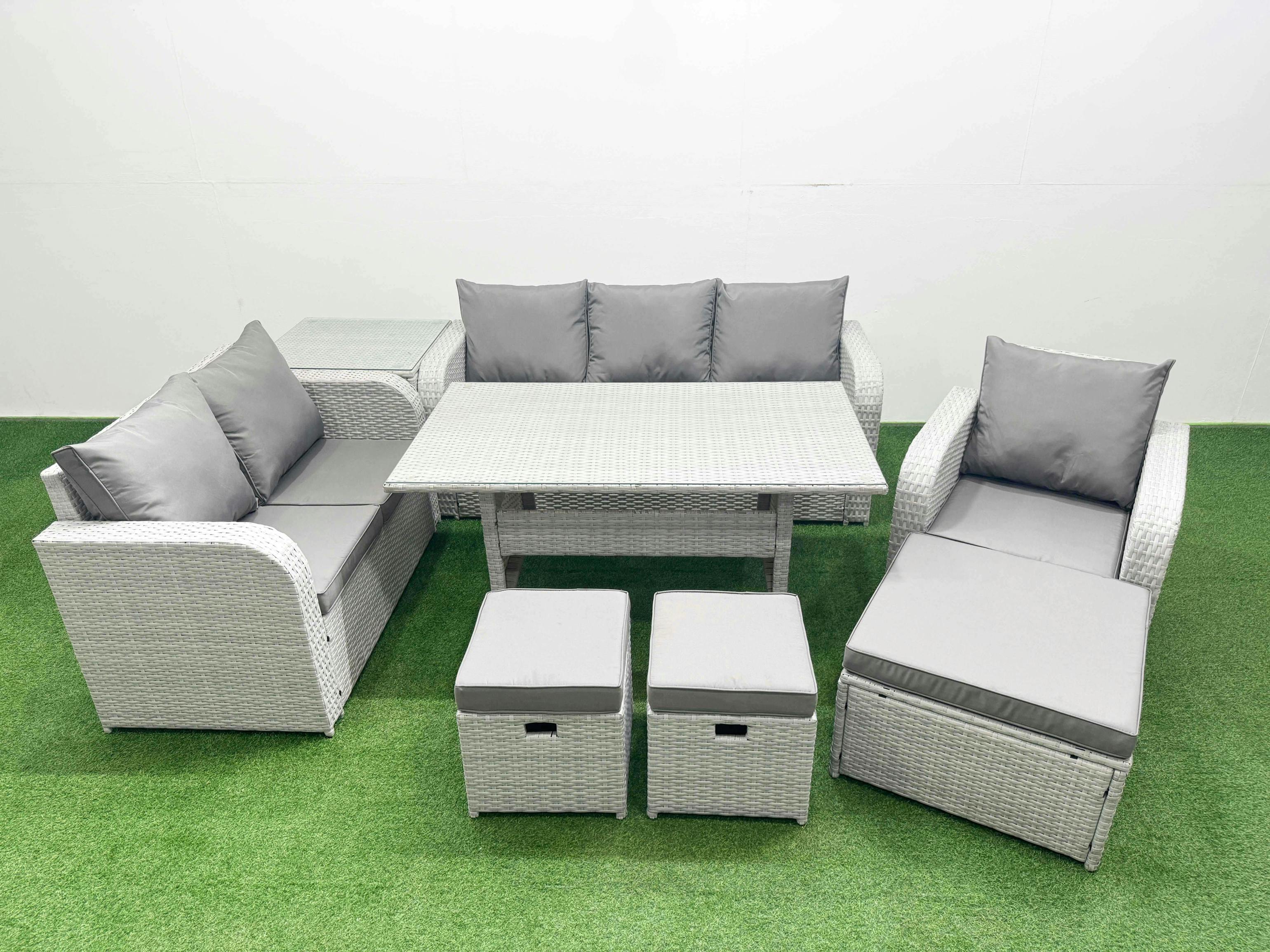 Fimous Light/Grey 9 Seater Pe Wicker Rattan Garden Furniture Patio Set, Dining Table, Reclining Chair, Loveseat, 3 Seater Sofa, Stool, Side Table,