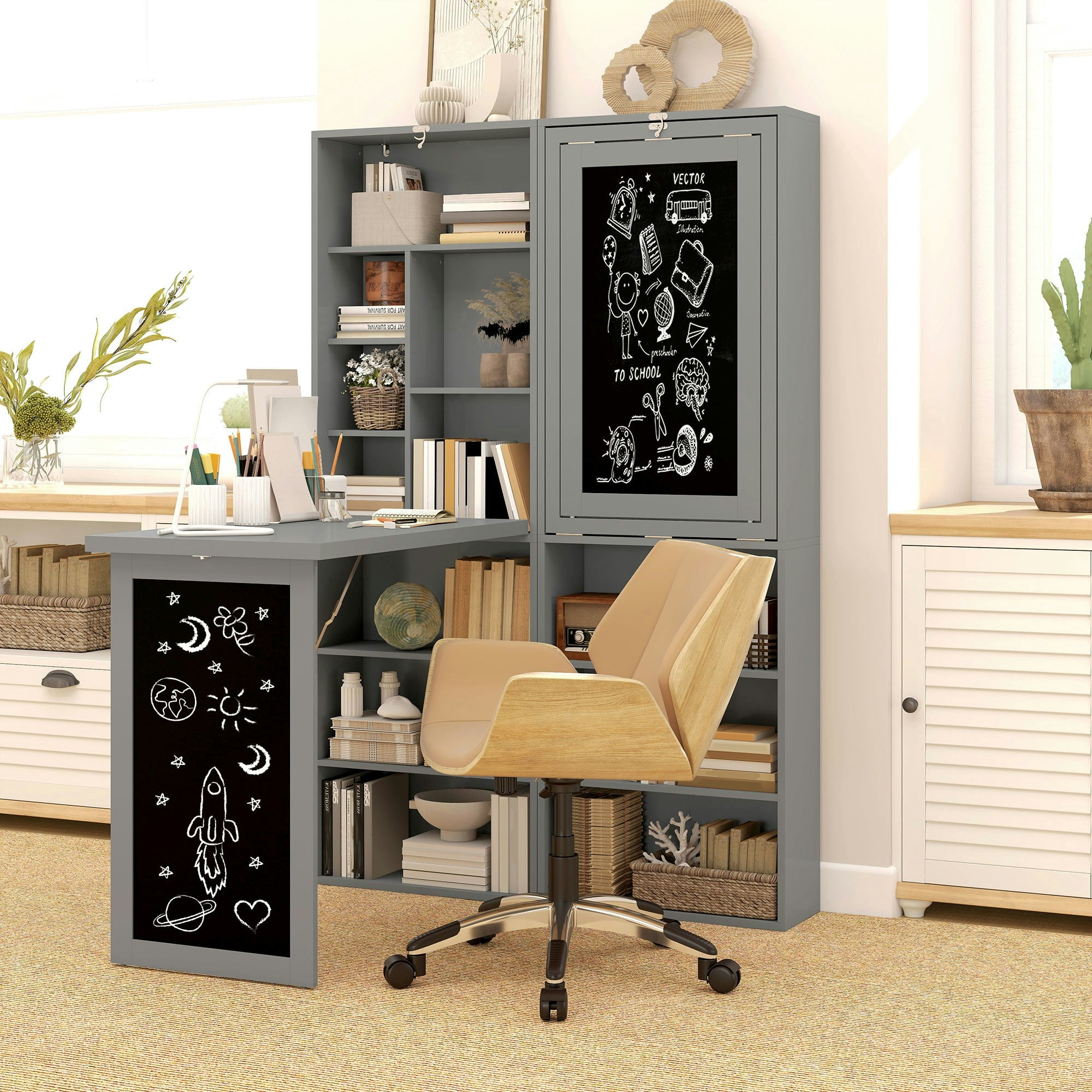Homcom Grey Folding Convertible Desk With Blackboard - Charcoal