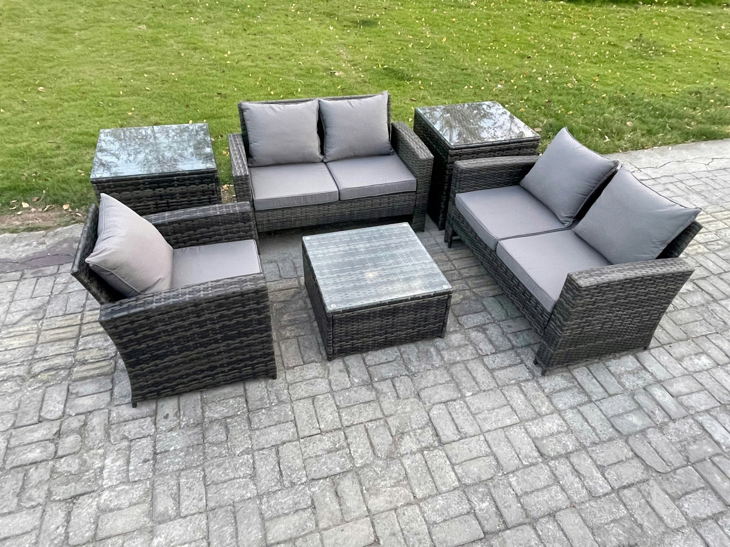 Rackhams Dark/Grey Outdoor Rattan Garden Furniture Set Conservatory Patio Sofa Coffee Table Set With Chair 2 Side Tables Mixed