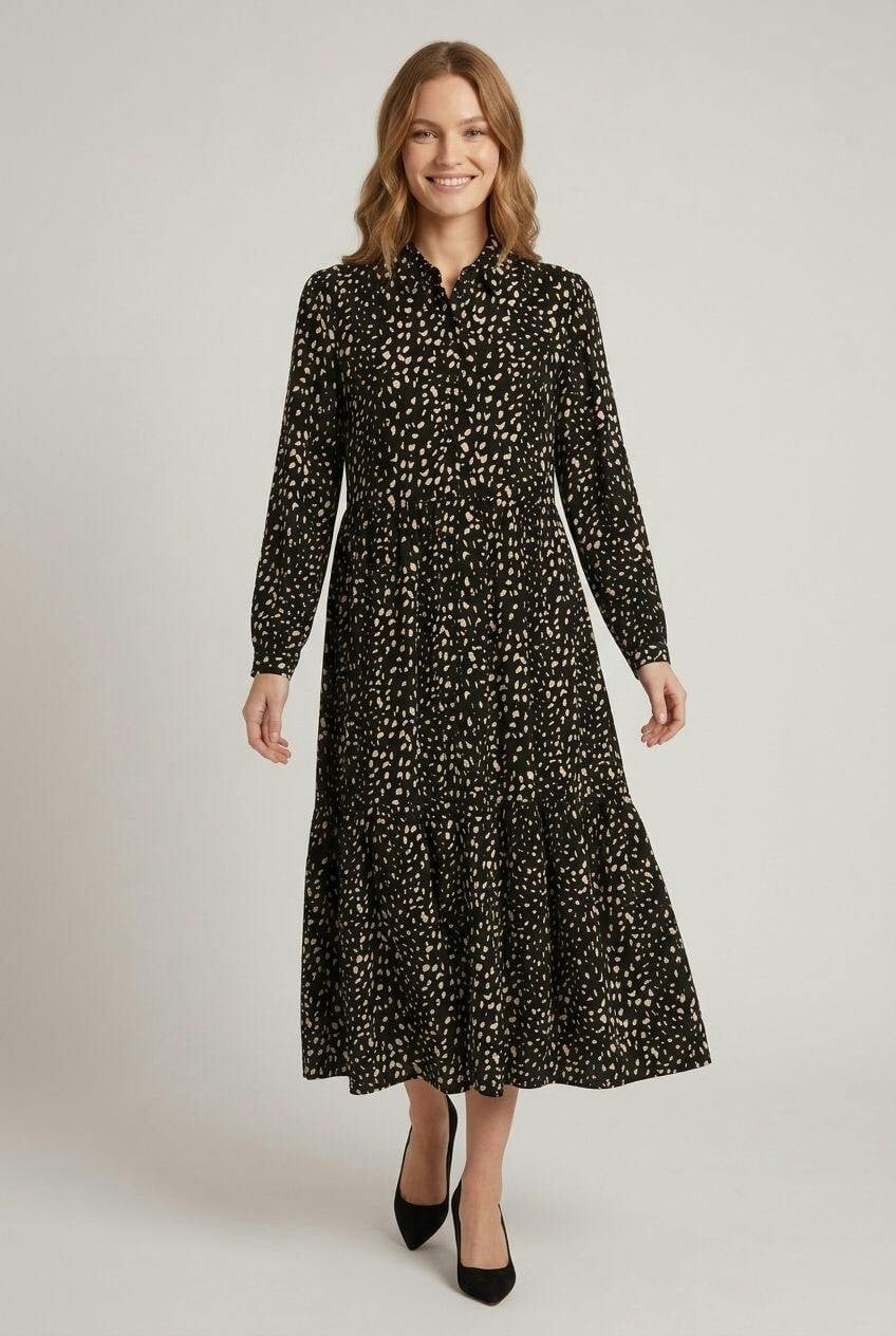 Izabel London Black Printed Collared Long Sleeve Midi Dress - 10