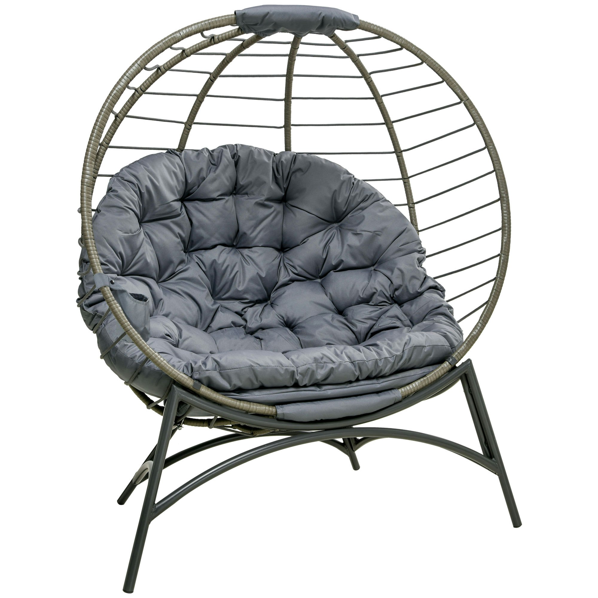 Outsunny Grey Rattan Egg Chair Wicker Basket Chair With Cushion Bottle Holder Bag - Steel, Pe Rattan, Polyester Fabric, Pp Cotton - 118Cm X 75Cm X 142Cm