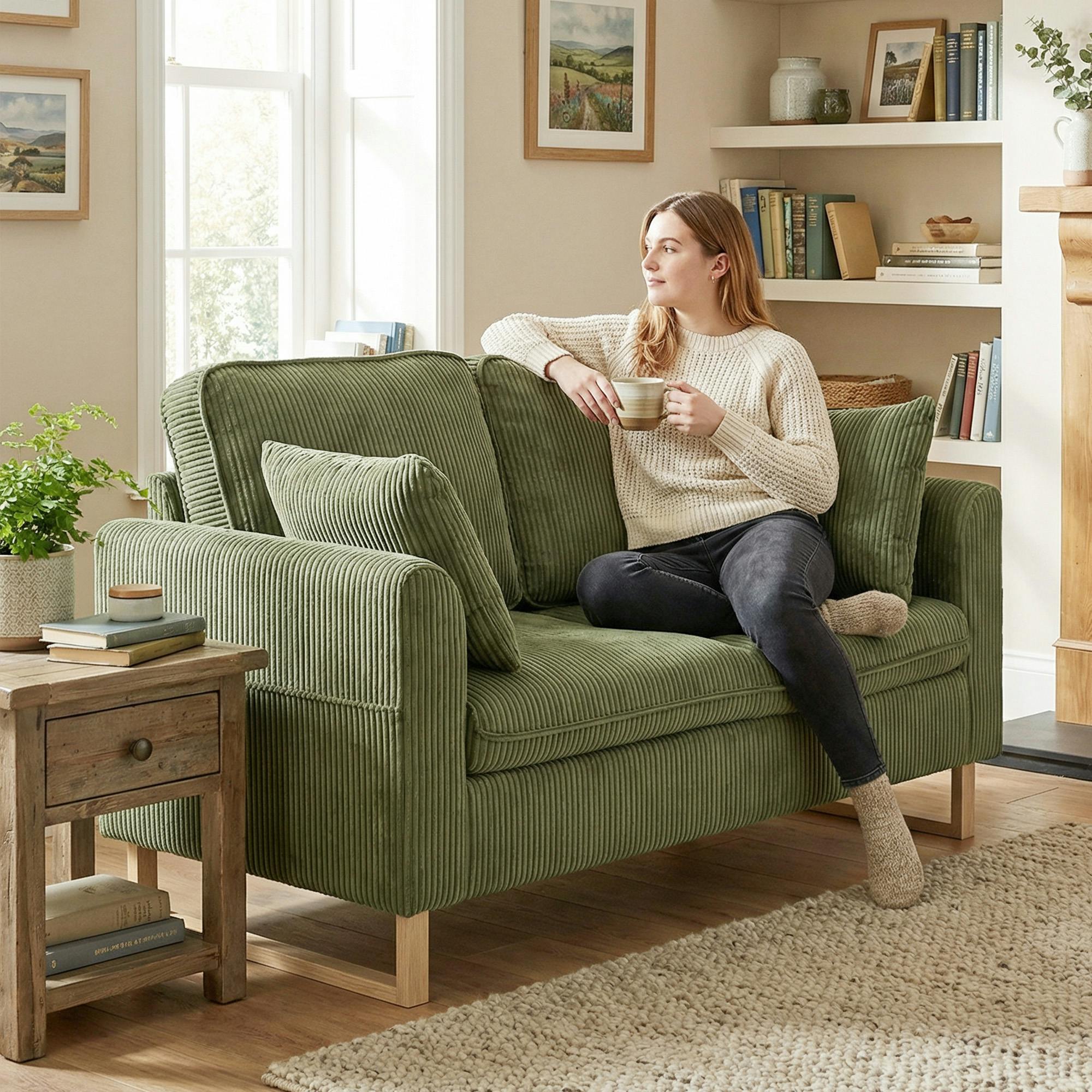 Rackhams Dark/Green 2 Seater Sofa, Corduroy Sofa W/ Spring Cushions 2 Pillows