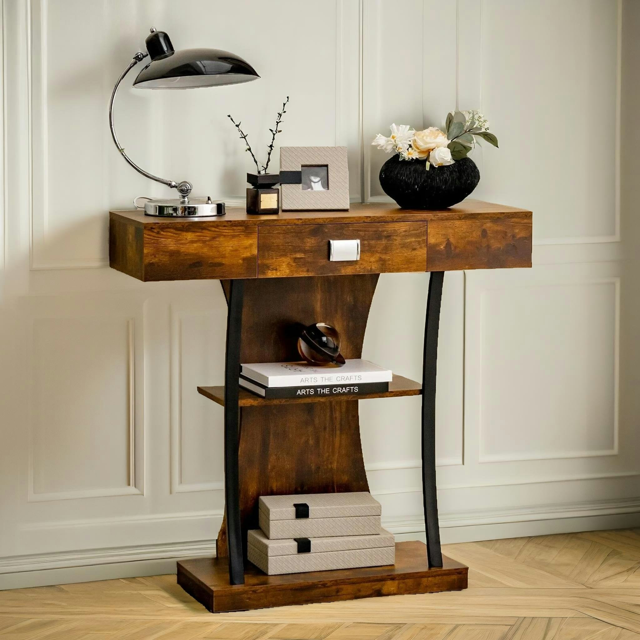 Rafaelo Mobilia Brown Industrial Console Table T-Shaped Rustic