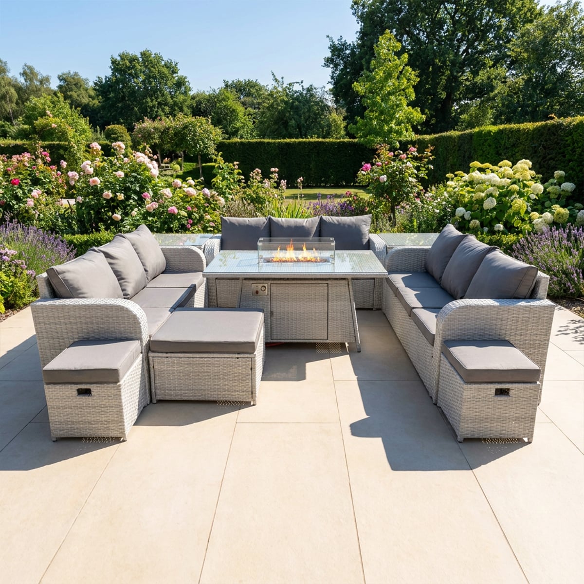 Fimous Light/Grey 12 Seater Rattan Outdoor Garden Furniture Set With Fire Pit Dining Table, 3 Sofas, 3 Stools, 2 Side Table
