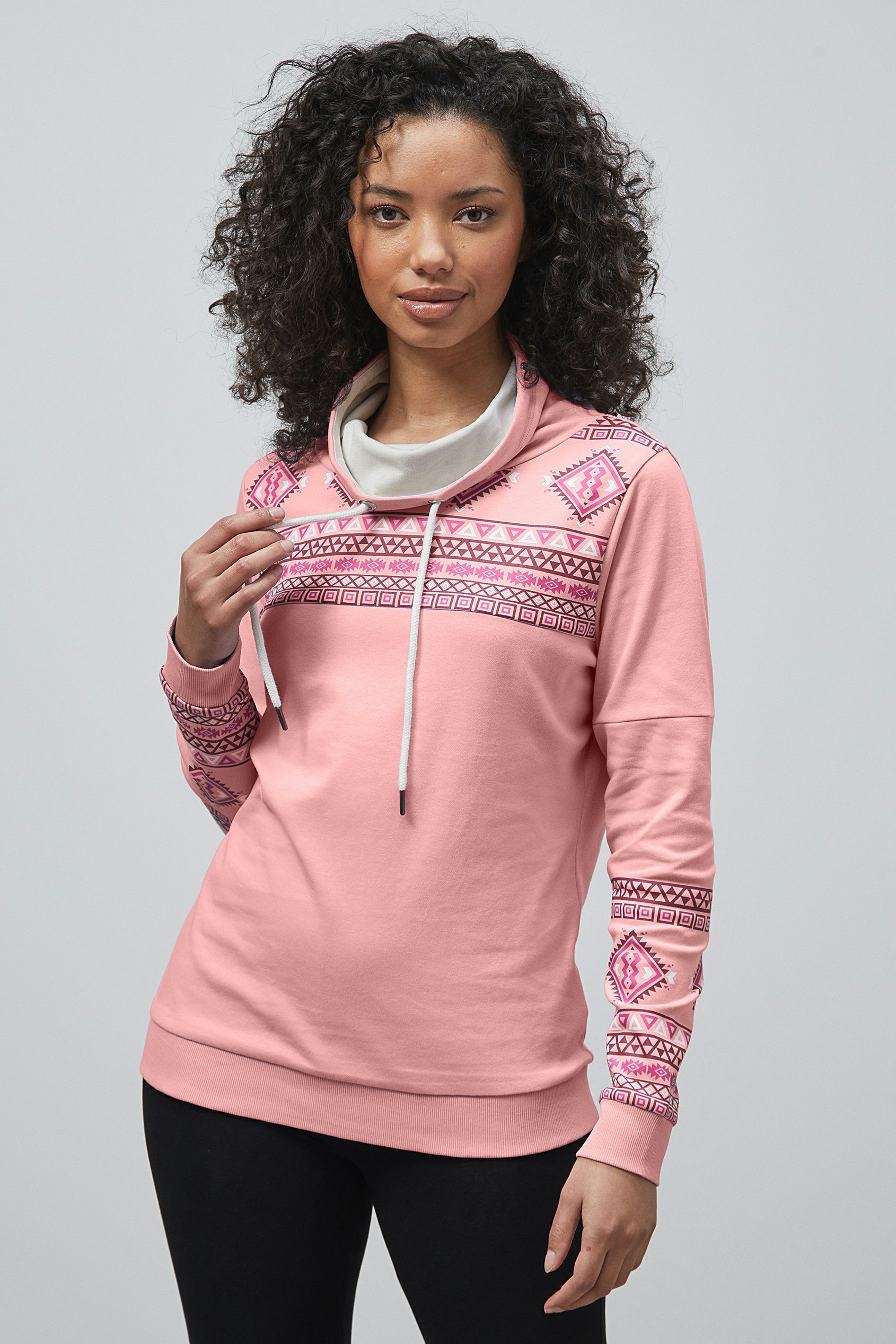Enorsia Pink Geo Printed High Collar Sweatshirt - 8 - 58% Cotton, 42% Polyester