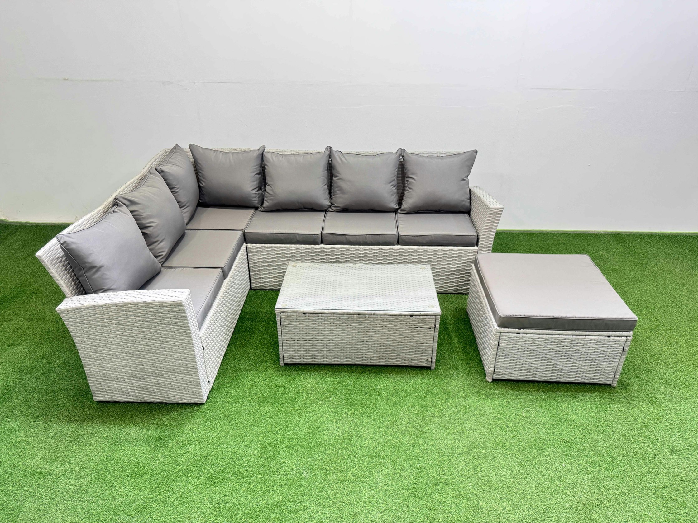 Fimous Light/Grey 7 Seater Garden Outdoor Pe Rattan Furniture Set Rattan Garden Sofa Set With Oblong Coffee Table Mixed