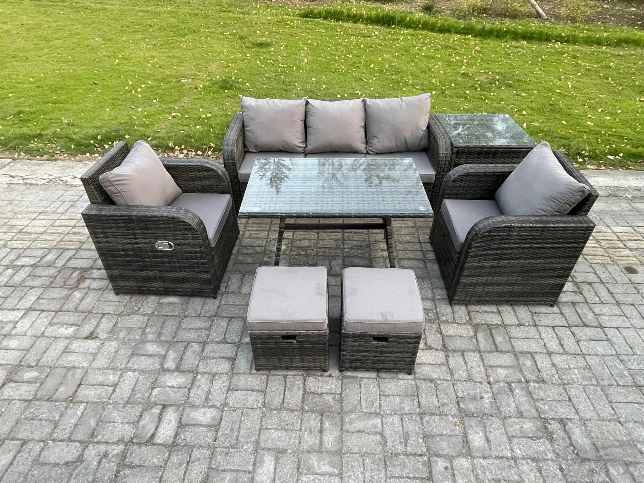 Rackhams Dark/Grey Rattan Wicker Garden Furniture Set - Mixed Patio Sofa Set With Rectangular Dining Table & Reclining Chair