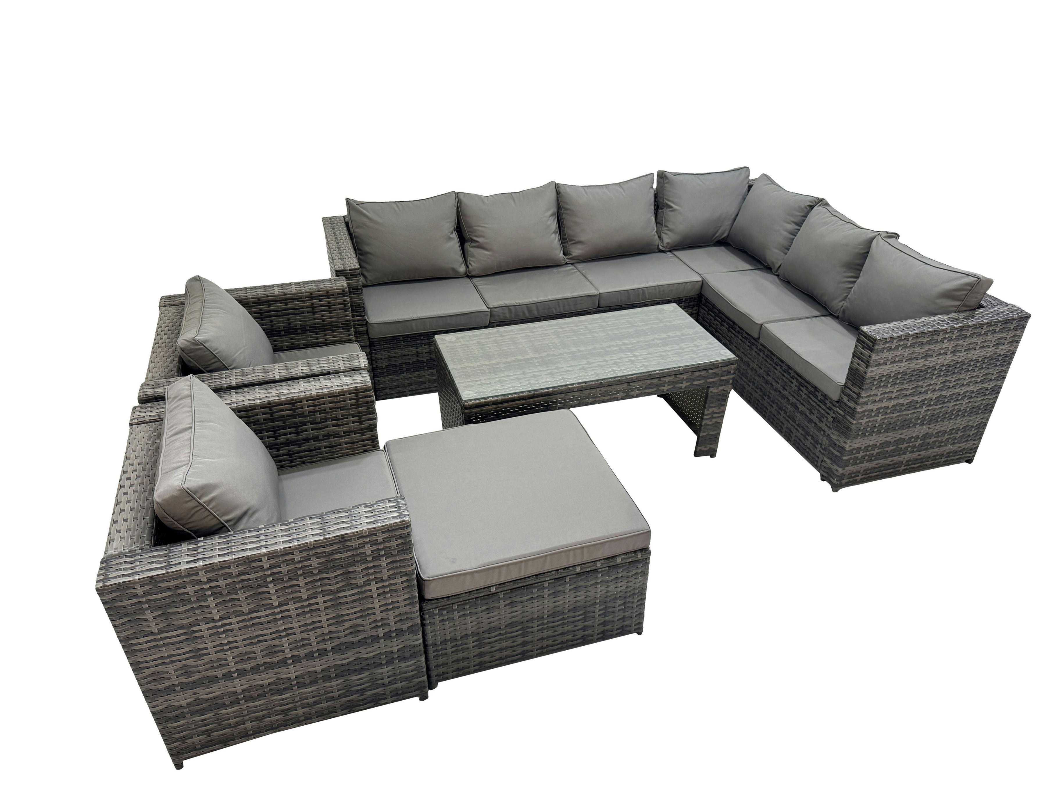 Fimous Dark/Grey Outdoor Rattan Oblong Coffee Table Corner Sofa Sets Garden Furniture Set With 2 Chairs Big Stool Mixed