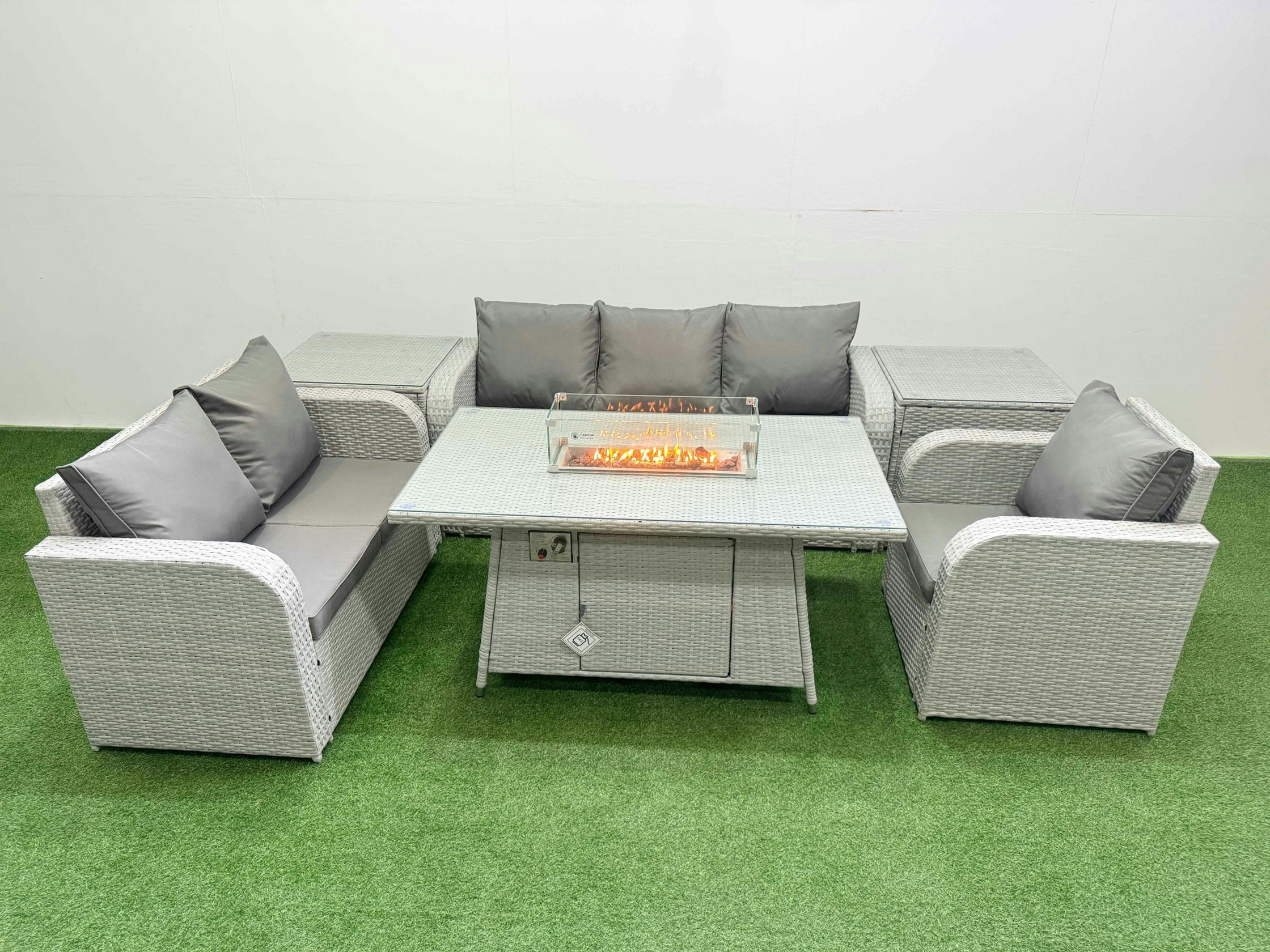 Rackhams Light/Grey 6 Seater Rattan Garden Furniture Set With Fire Pit Dining Table, Reclining Chair, Loveseat Sofa, 3 Seater Sofa, 2 Side Tables