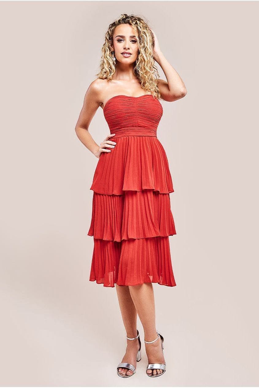Goddiva Orange Pleated Bandeau Bodice Chiffon Tiered Midi - By - Burnt - 14