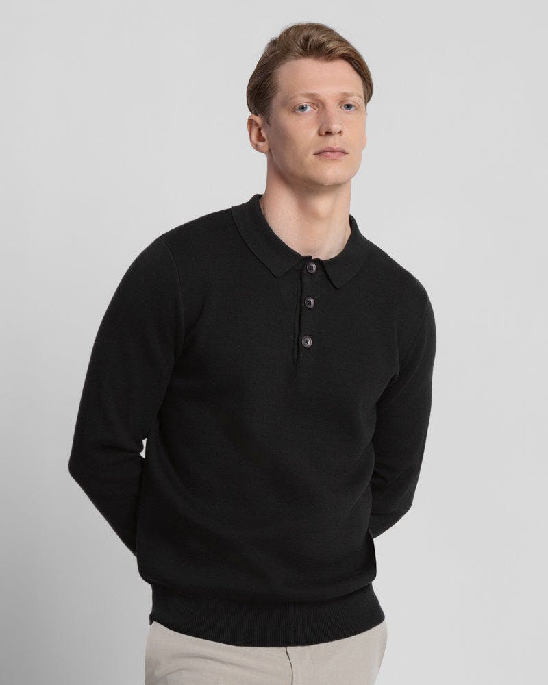Steel & Jelly Black Heavy Milano Knit Long Sleeve Polo Shirt - Xl