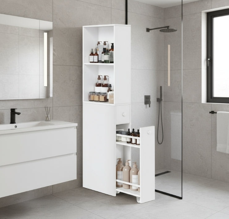 Modcraft White Tall Slim Bathroom Storage Cabinet – Freestanding Narrow Unit With Drawers & Adjustable Shelf