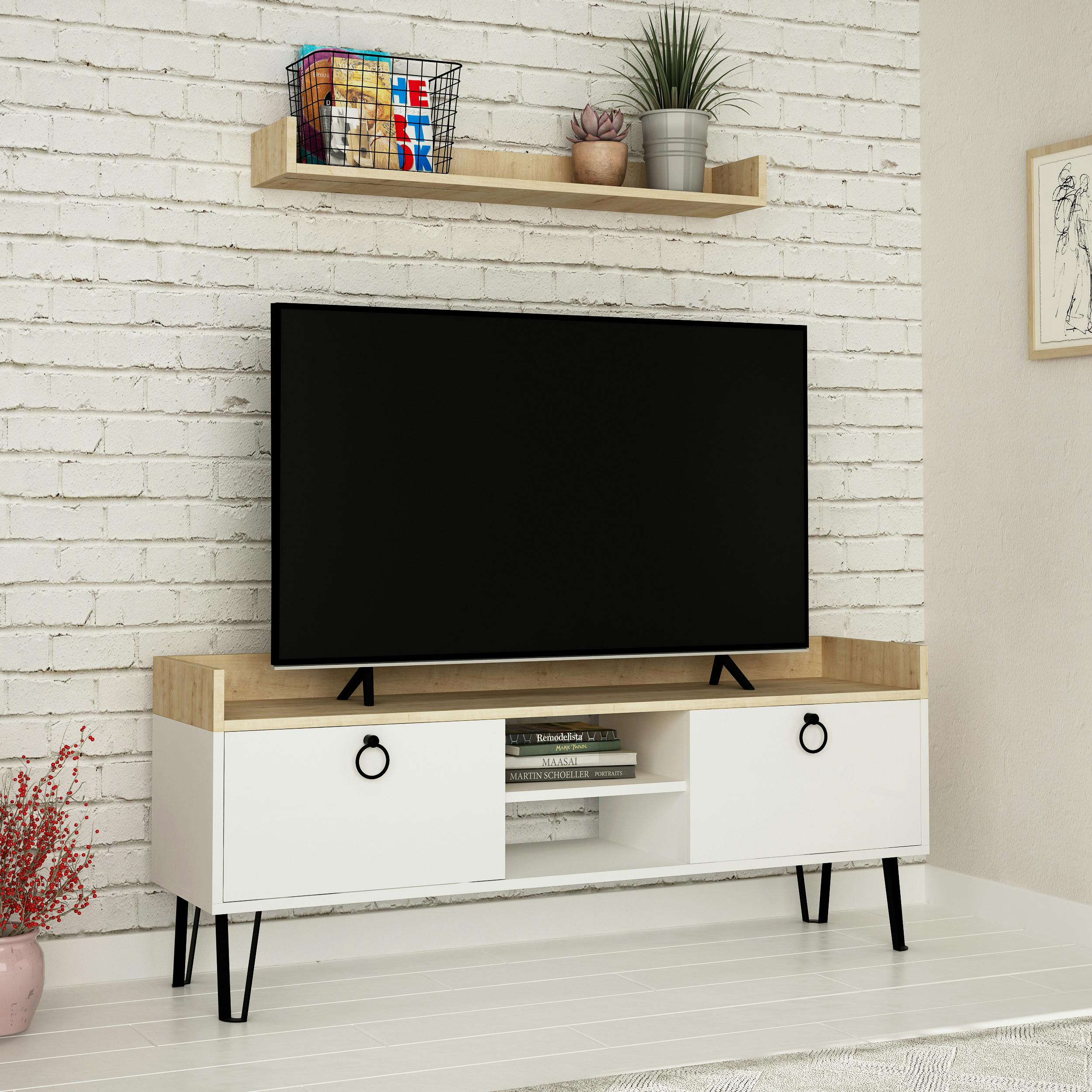 Rackhams White Keday Modern Tv Unit Multimedia Centre Oak With Wall Shelf Unit 140Cm