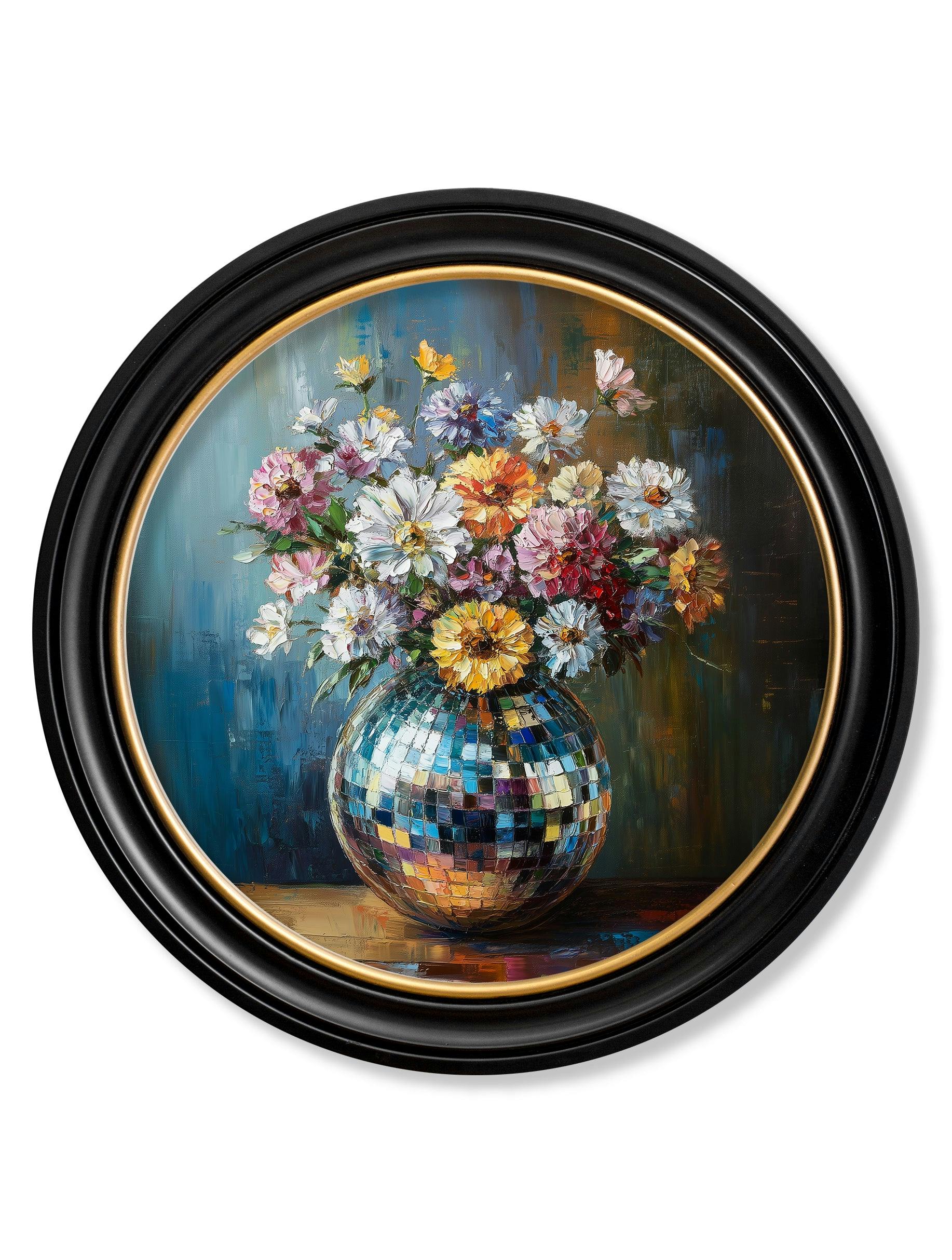 Rackhams Blue/Black/Gold Disco Bloom Wildflowers - Oxford Round Frame - Disco Wildflowers - 96 X 96Cm