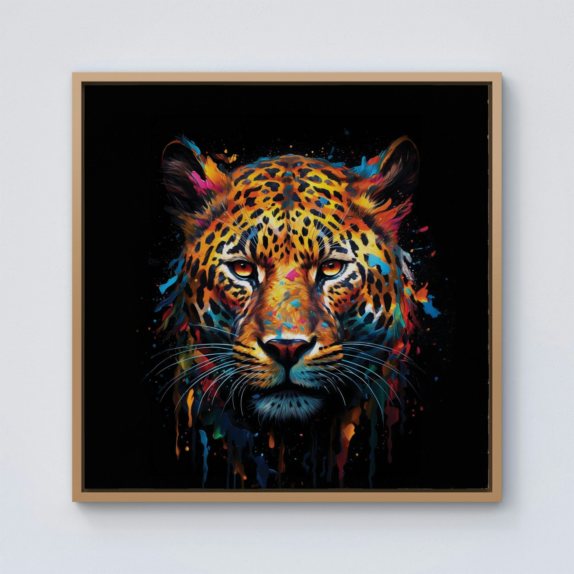 Rackhams Black/White Splash Art Leopard Face Framed Canvas - 10" X 10" - Pine