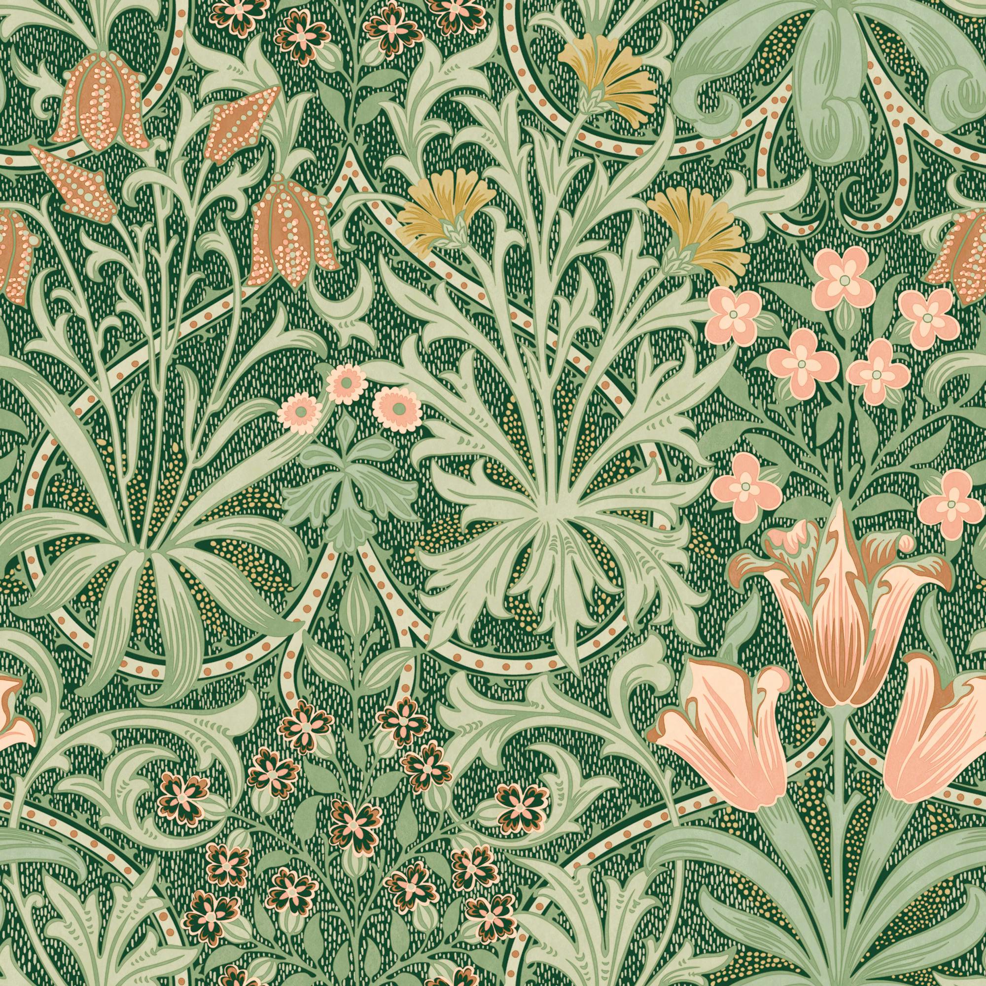William Morris At Home Green/Coral/Golden Woodland Weeds Wallpaper | Forest