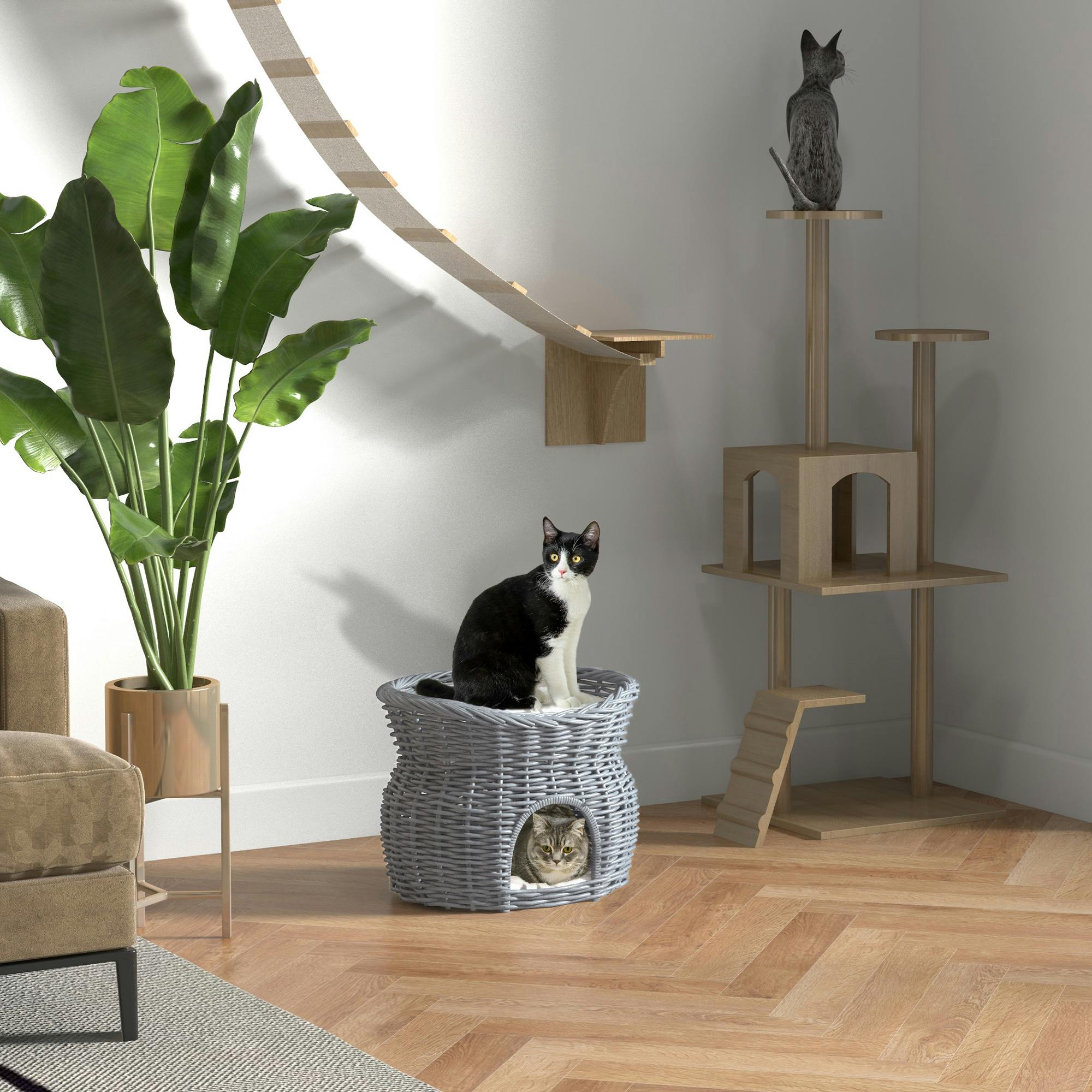 Pawhut 2-Tier Elevated Pet Cushion Bed Basket Willow Cat Tree House Condo Kennel