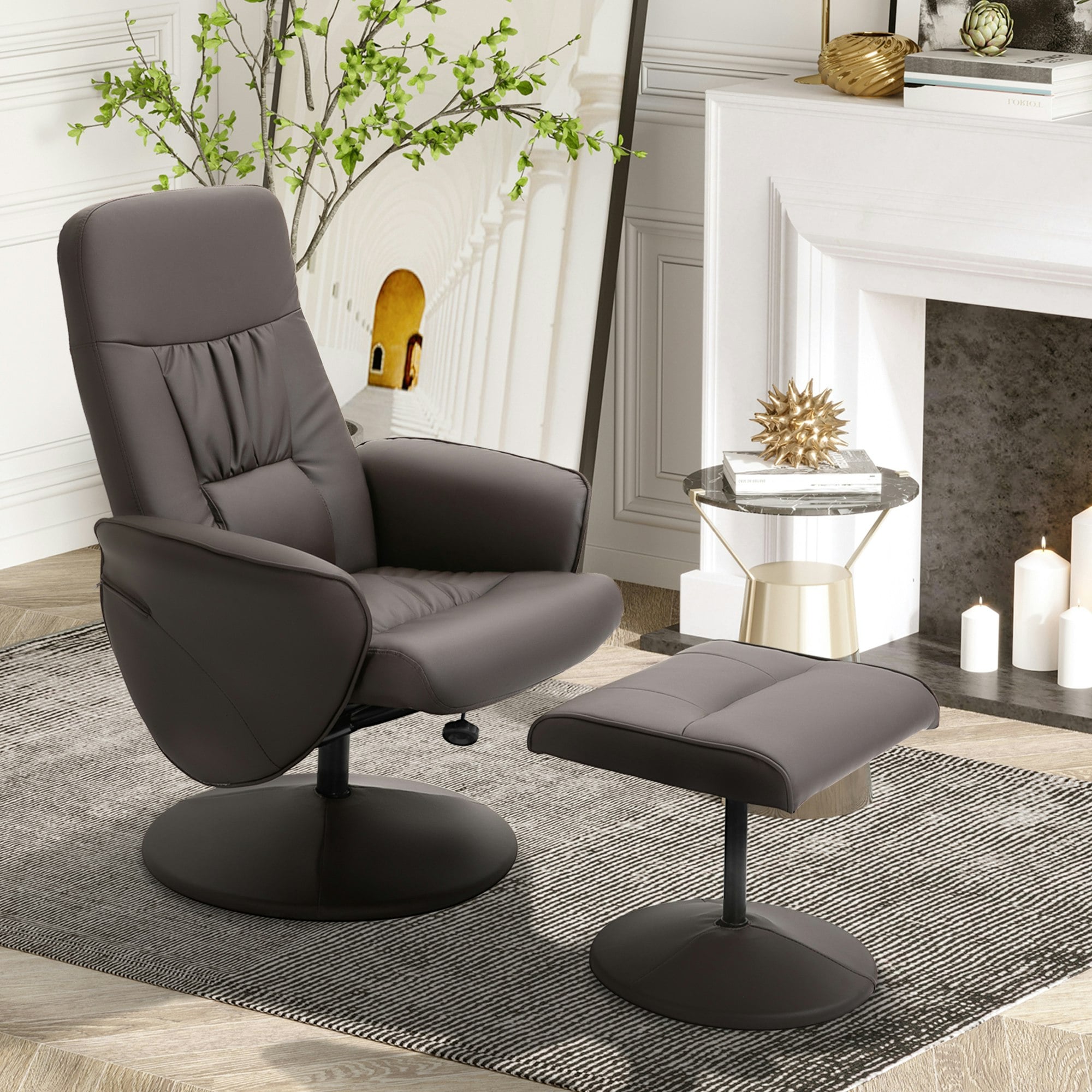 Rackhams Brown Pu Leather Armchair And Footrest Swivel Recliner - Pu, Sponge, Metal