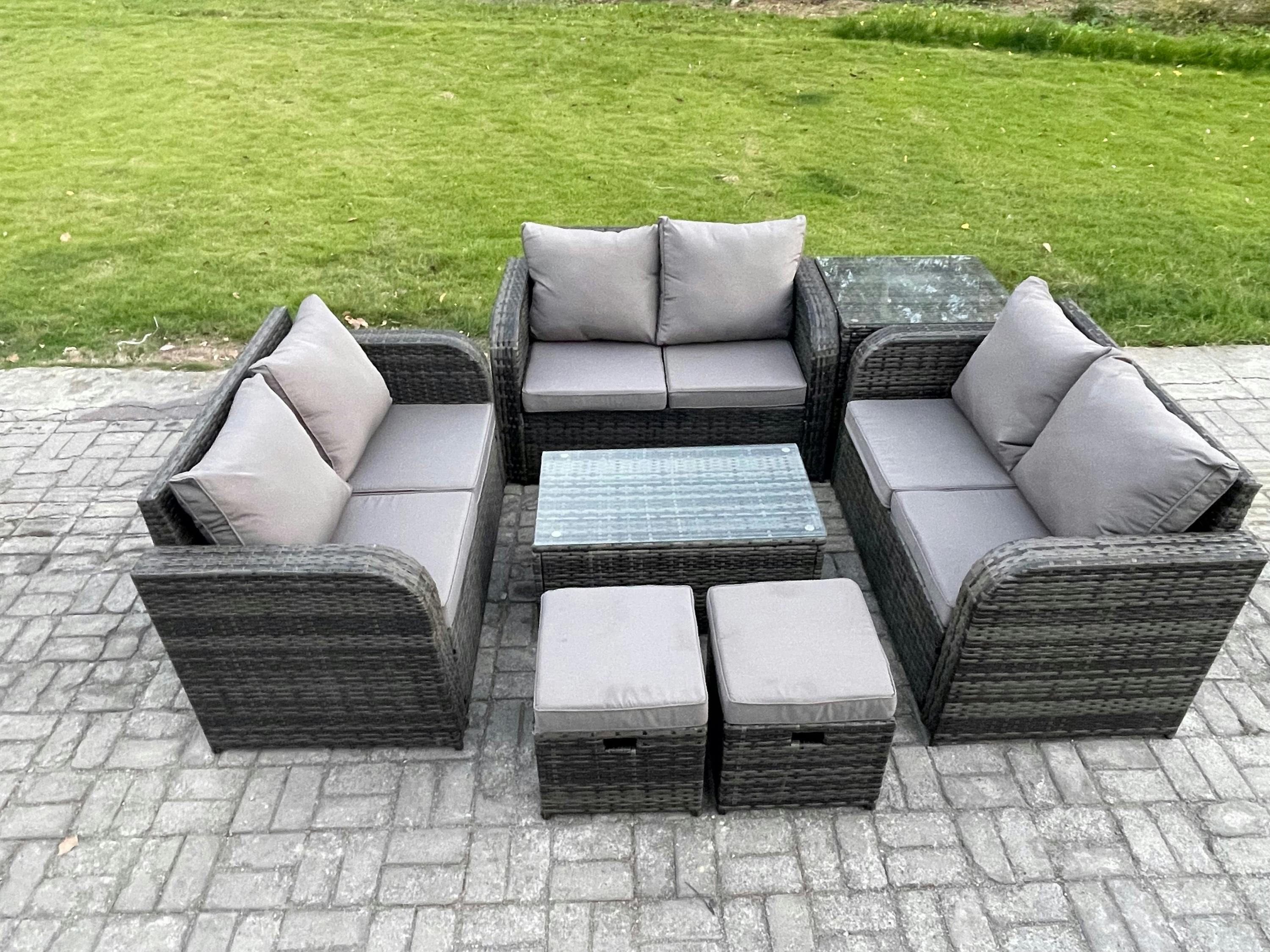Rackhams Dark/Grey 8 Seater Wicker Set, Garden, Coffee Table, Love Sofa, Side Table And 2 Small Footstools, Mixed