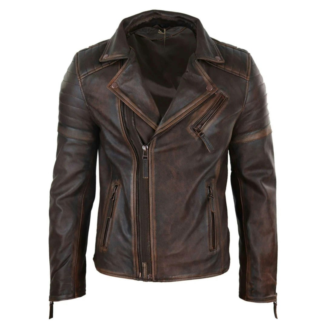 Infinity Leather Men's Brown Leather Company Cross Zip Brando Leather Biker Jacket - Rosy - 5XL