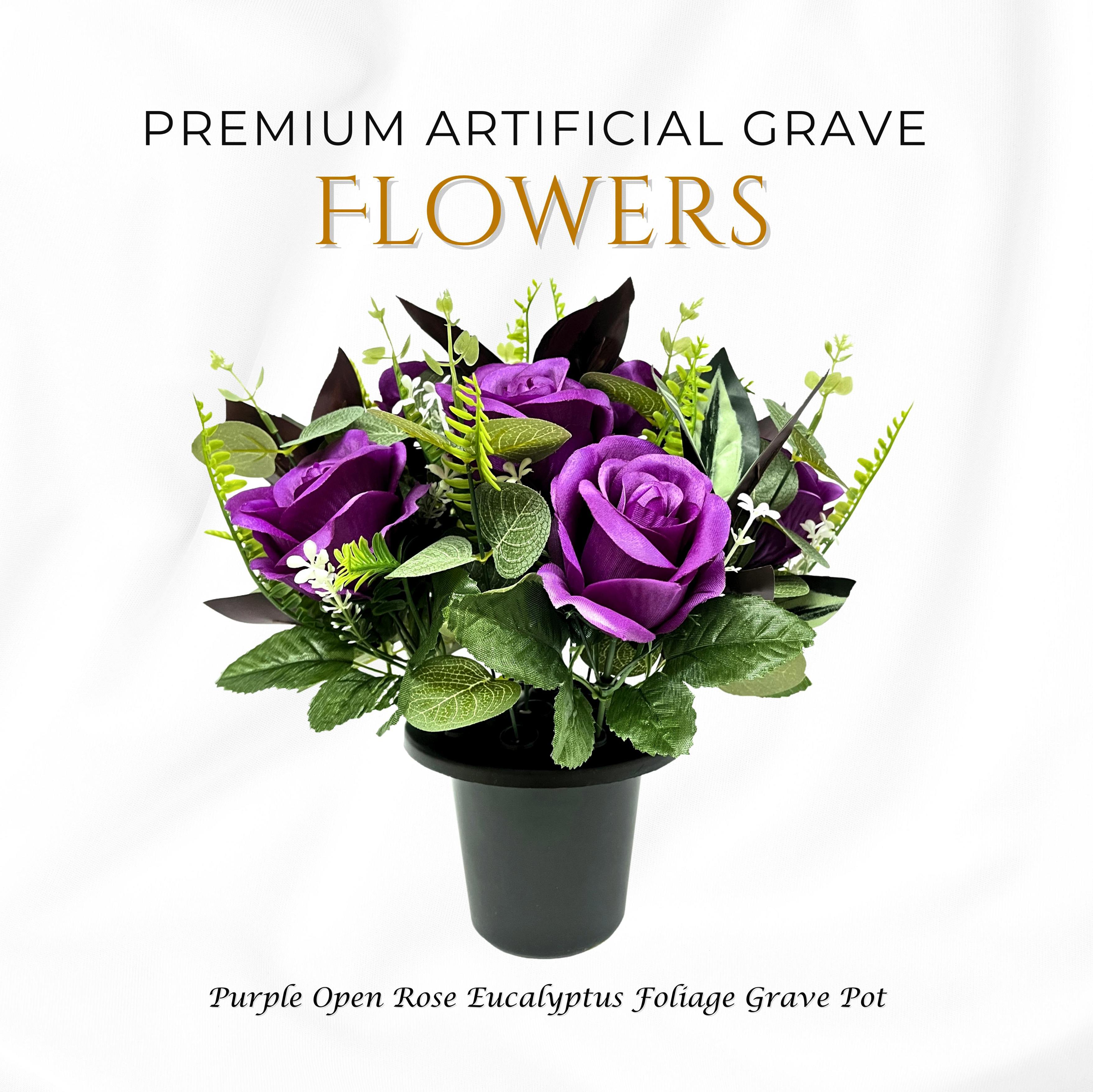 Memorials Direct Purple Premium Artificial Grave Flowers – Open Roses With Eucalyptus (25Cm) | Memorial Vase Pot