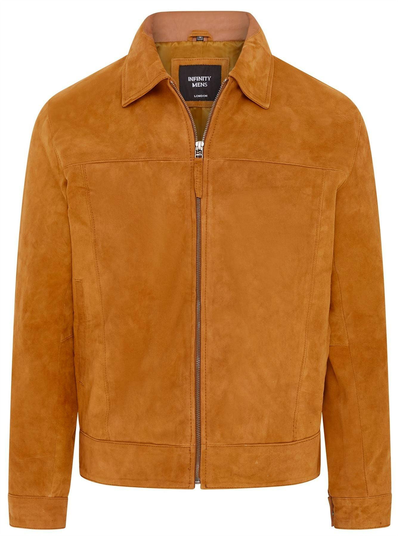 Infinity Leather Men's Retro Classic Suede Leather Harrington Biker Jacket - Bryne - Tan - Uk 2XL | Eu 54 | Us 44