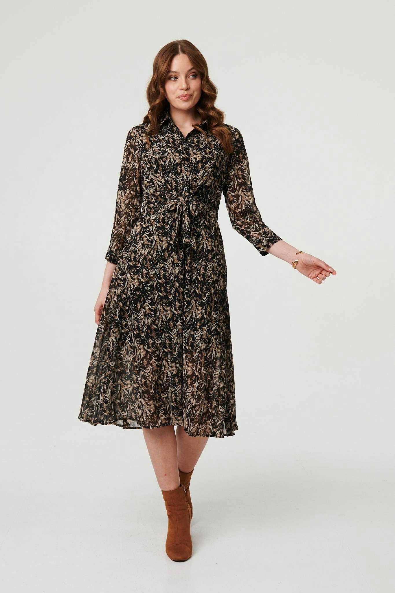 Izabel London Black Abstract Tie Waist Shirt Midi Dress - 18