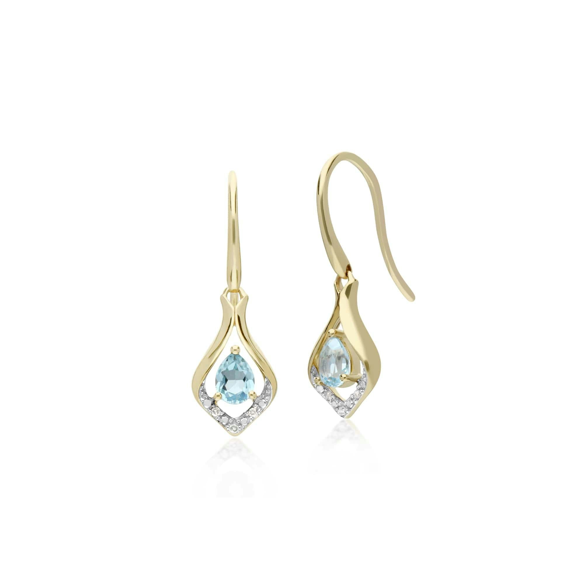 Gemondo Blue/Yellow/Gold Classic Pear Topaz & Diamond Leaf Halo Drop Earrings In 9Ct