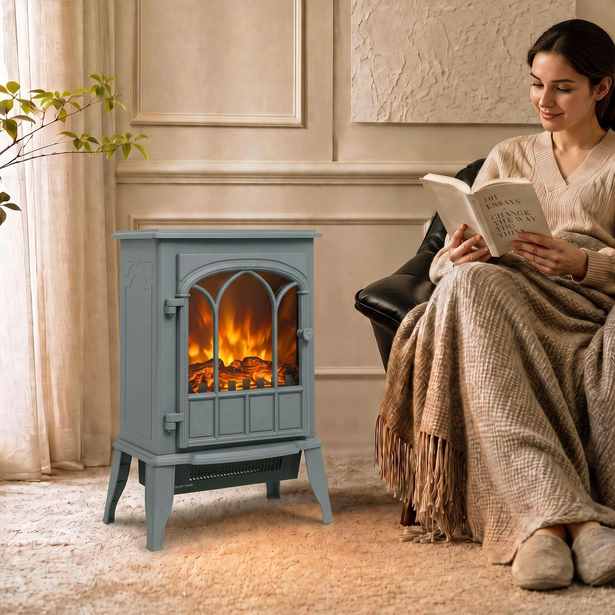Homcom Grey Electric Log Burner With Led Flame Effect 1000W/2000W