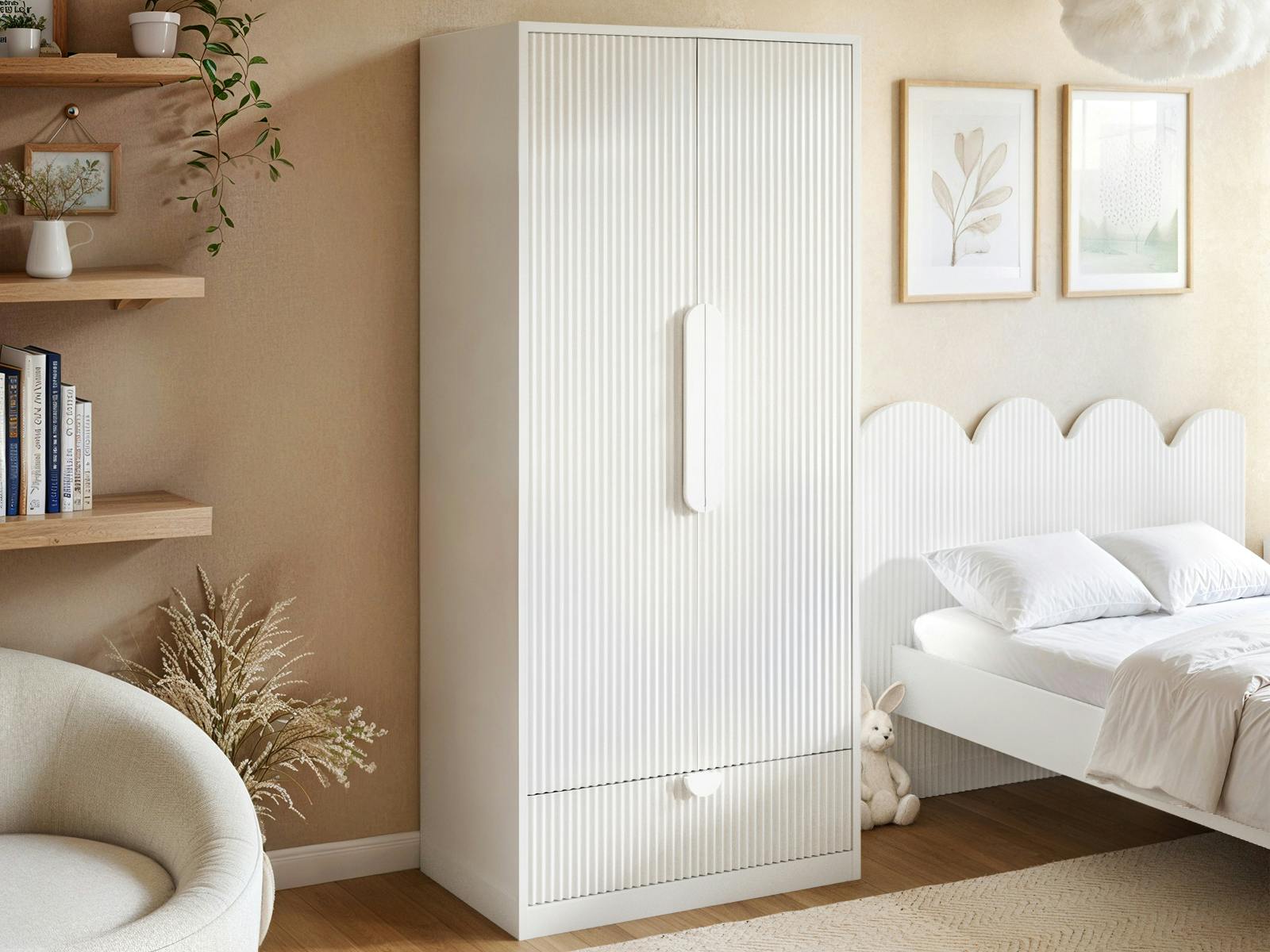Flair Calista Ribbed Wardrobe 2 Doors With Drawer - White - Image 5