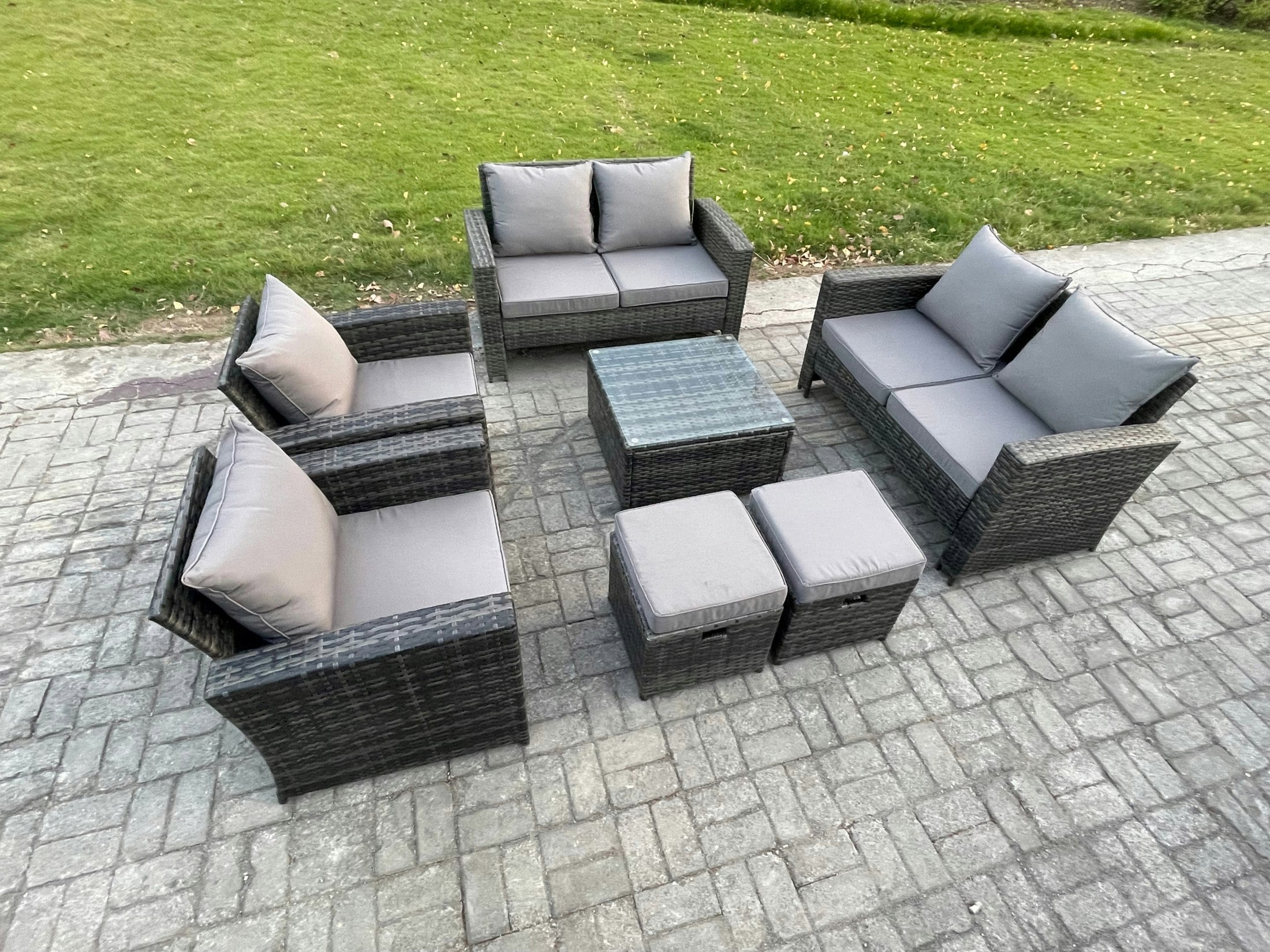 Rackhams Dark/Grey Rattan Garden Furniture Set Patio Outdoor Lounge Sofa Set With Square Coffee Table Double Seat Sofa 2 Small Footstools Mixed