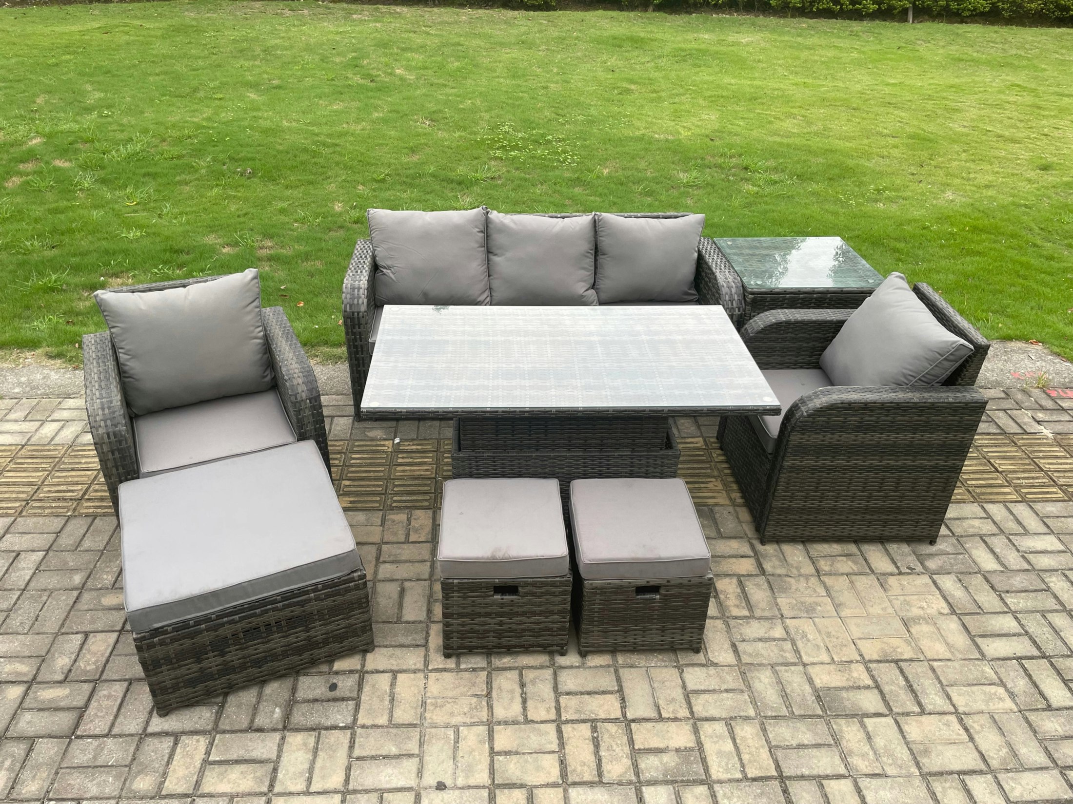 Rackhams Outdoor Rattan Furniture Sofa Garden Dining Sets Height Adjustable Rising Lifting Table And Chair Set With Side Table 3 Footstools