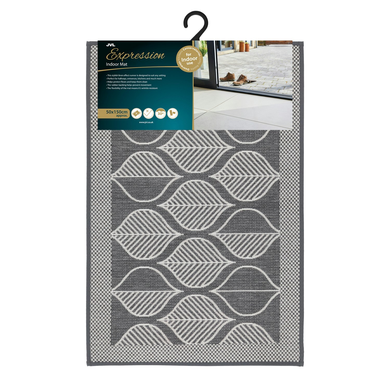 Rackhams Grey Expression Machine Washable Entrance Doormat, 50X75cm - Leaves