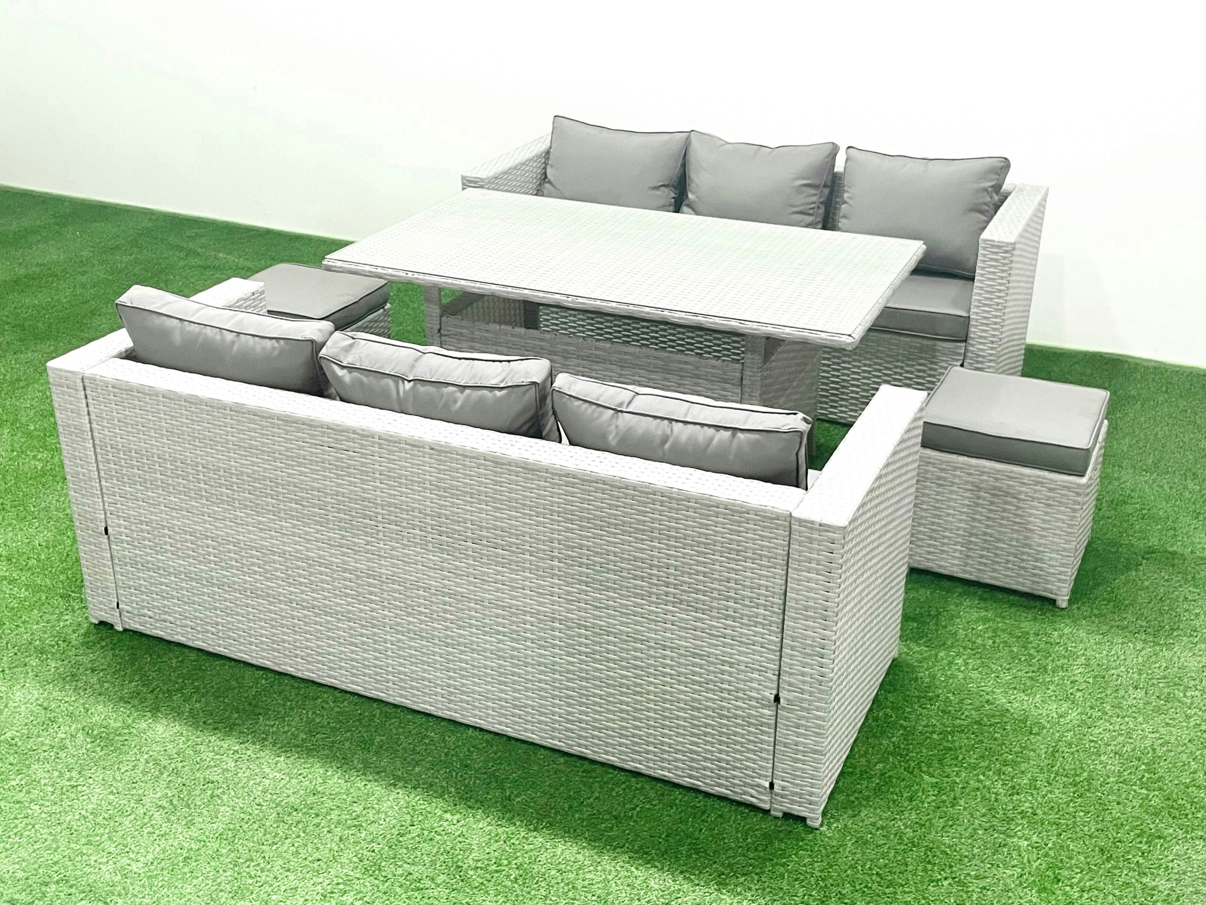 Fimous Light/Grey Rattan Garden Furniture Set 8 Seater Outdoor Sofa Set With Dining Table 2 Small Footstools Mixed